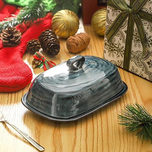 Miniatura 4 de Mantequillera con tapa, soporte de cerámica para mantequilla con tapa y asa para encimera, recipiente de mantequilla de porcelana para mantequilla