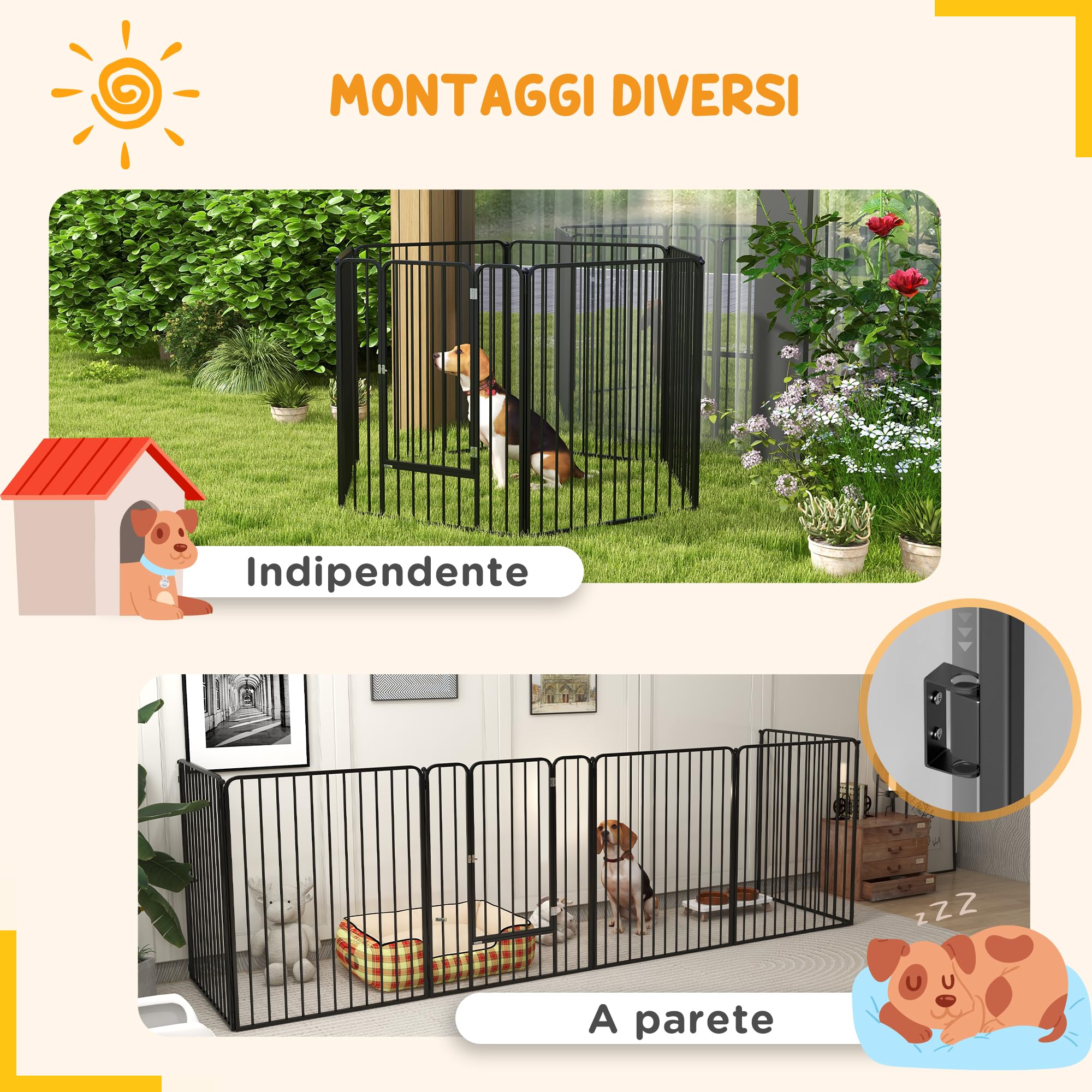 PawHut 6-teiliger modularer Stahl-Hundekäfig 164x83x100 cm Schwarz | Kleine, mittlere & große Größe, Innen- & Außenbereich, Hundegitter, 7 Erdspieße
