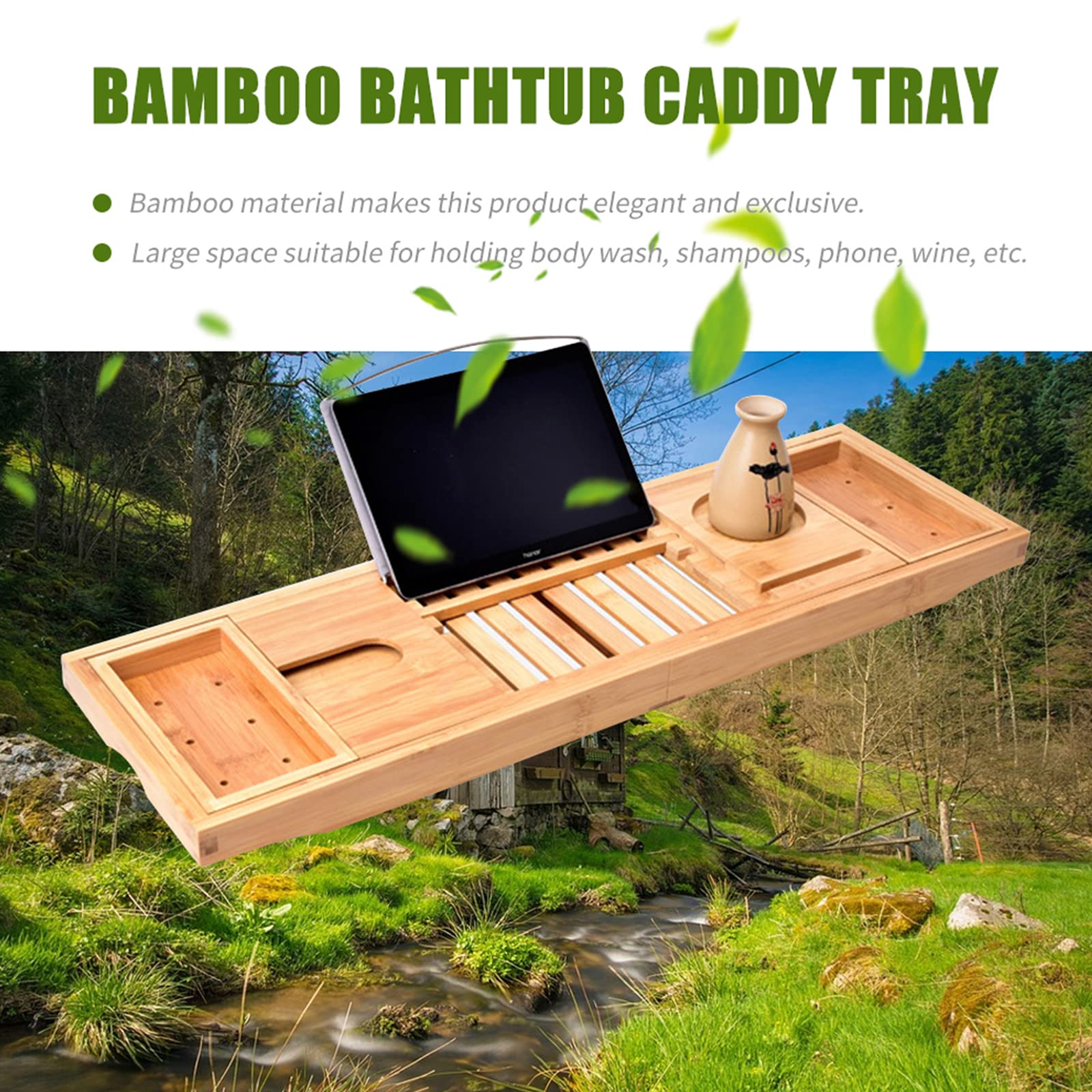 Bandeja Caddy para bañera de bambú de Primera Calidad, Bandeja de Madera Extensible con Soporte para Copas de Vino, Soporte para Lectura y Ranura para teléfono para bañeras, Caja Doble