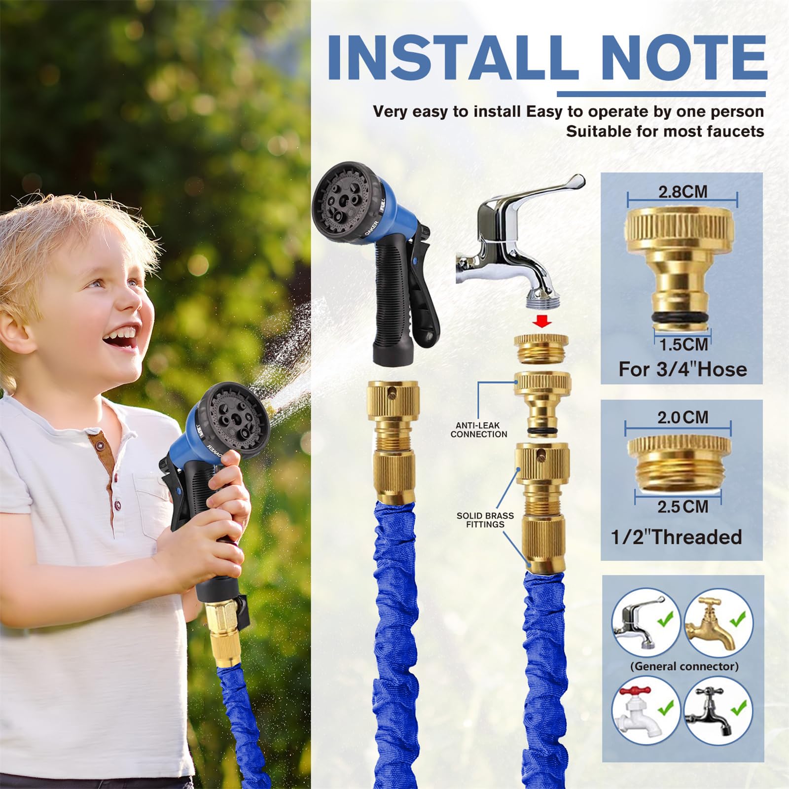 LINGKY Tubo Estensibile da Giardino 60 Metri, Tubo Acqua Giardino per Irrigazione con Raccordi in Ottone da 1/2" e 3/4", Lattice a 3 Strati Resistente, Senza Pieghe, 8 Modalità di Spruzzo
