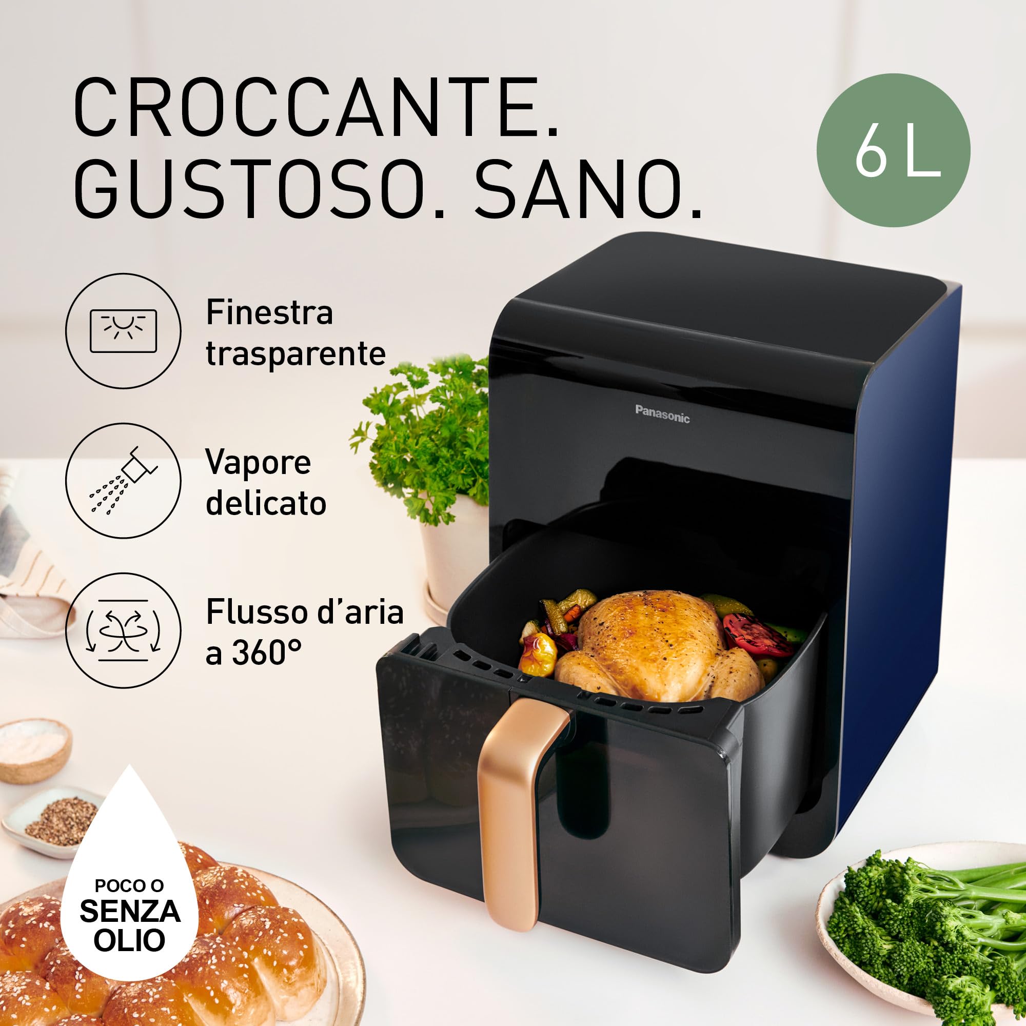 Panasonic NF-CC600AXE Friggitrice ad Aria con Finestra trasparente resistente, 6L, 80-200°C, Timer Digitale e LCD, Vapore Delicato, 11 Programmi, Facile Pulizia, Maniglia Nero/Blu Scuro e Oro Rosa