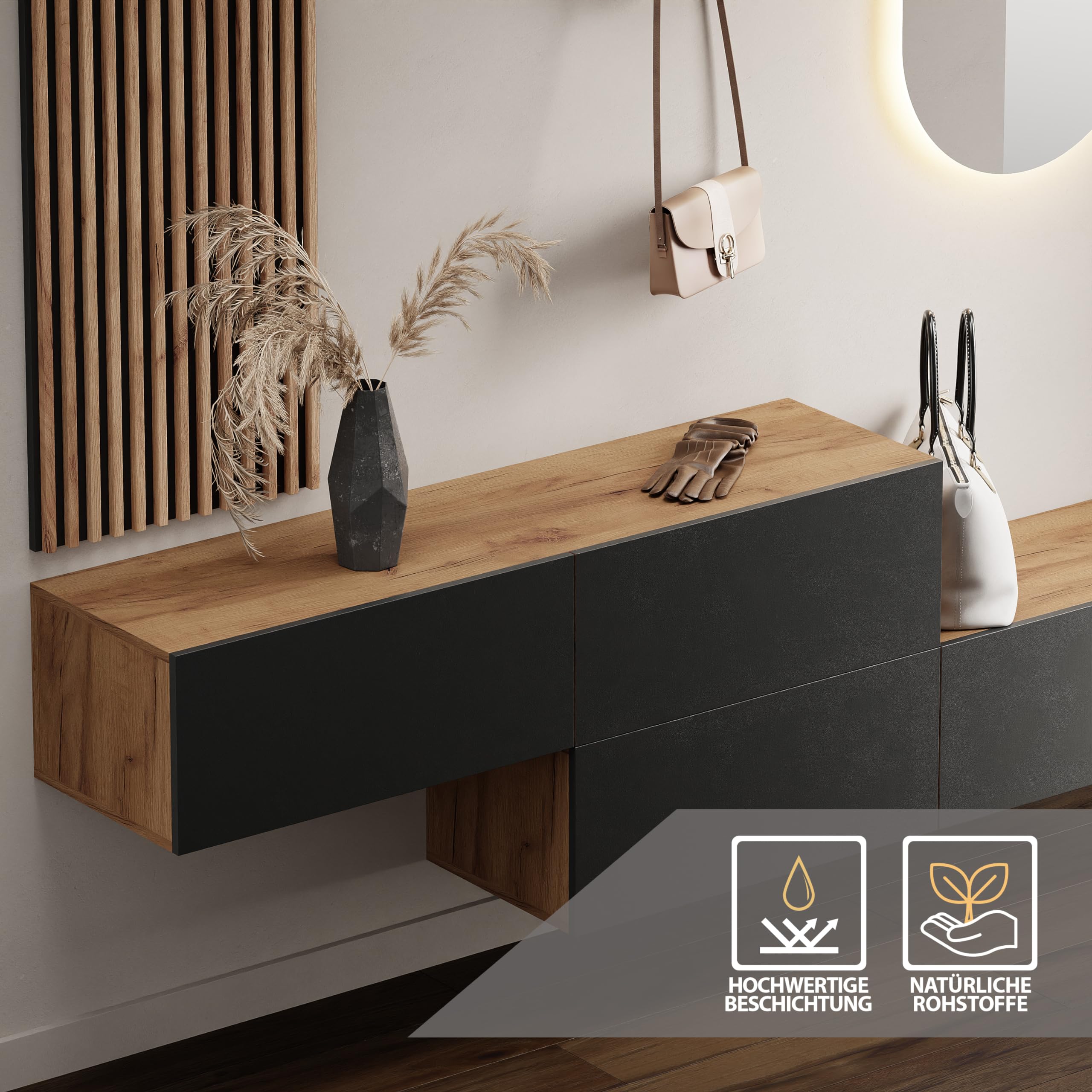 Composizione Parete Living 140cm Con Credenza E 2 Armadi - Rovere Oro, Design Moderno - Foto 7