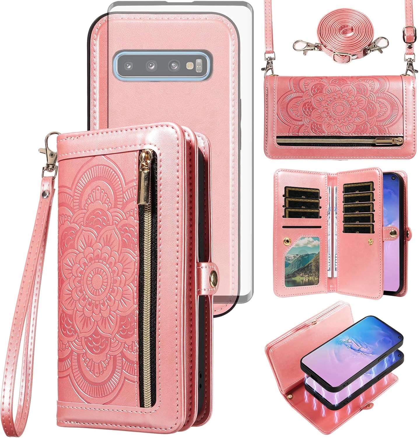 Asuwish Phone Case for Samsung Galaxy S10 Zipper Wallet Magnetic Detachable Cell Cover with Tempered Glass Screen Protector Crossbody Strap Flower Card Holder S 10 Edge 10S GS10 X10 Women Rose Gold