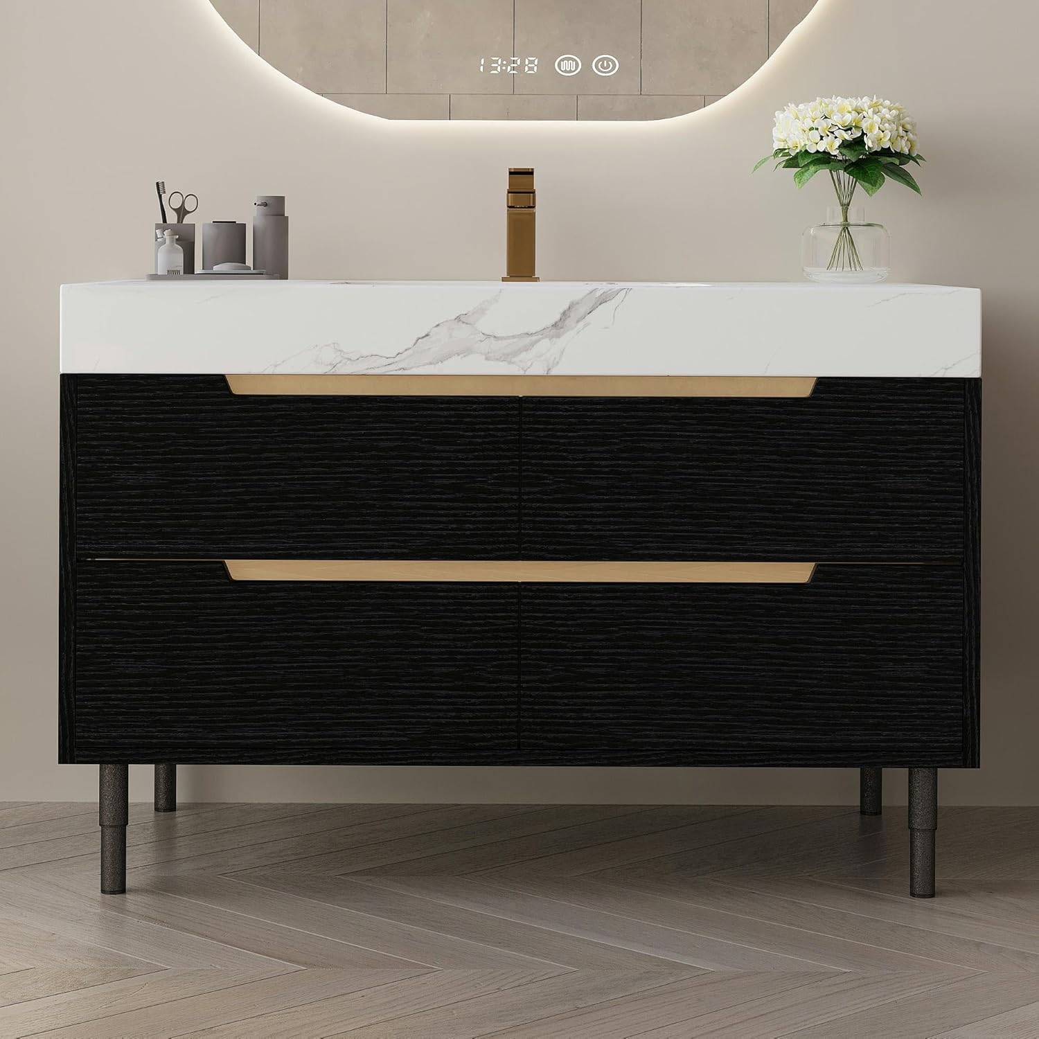 Glintee 36" Modern Bathroom Vanity with Ceramic Sink – Sintered Stone Top, 4 Soft-Close Drawers, Sturdy Solid Wood Cabinet, Wall-Mounted or Freestanding, Easy Assembly, Black & White