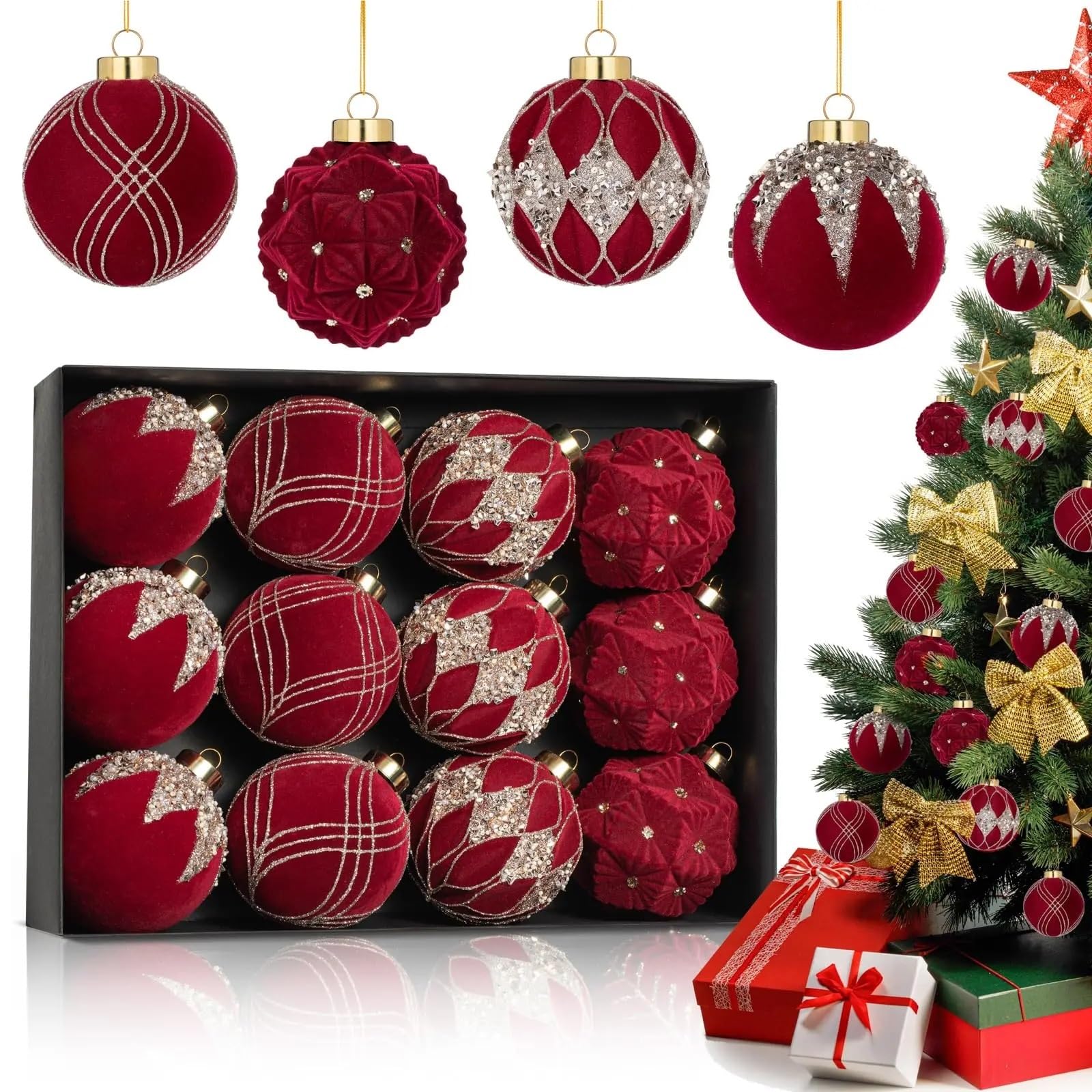 Boule de Noel Decoration Lot de 12 Boules de Noël en Velours floquées Vertes incassables, décoration d'arbre de 80 mm, Boule Suspendue for fête et Mariage(Style-5)
