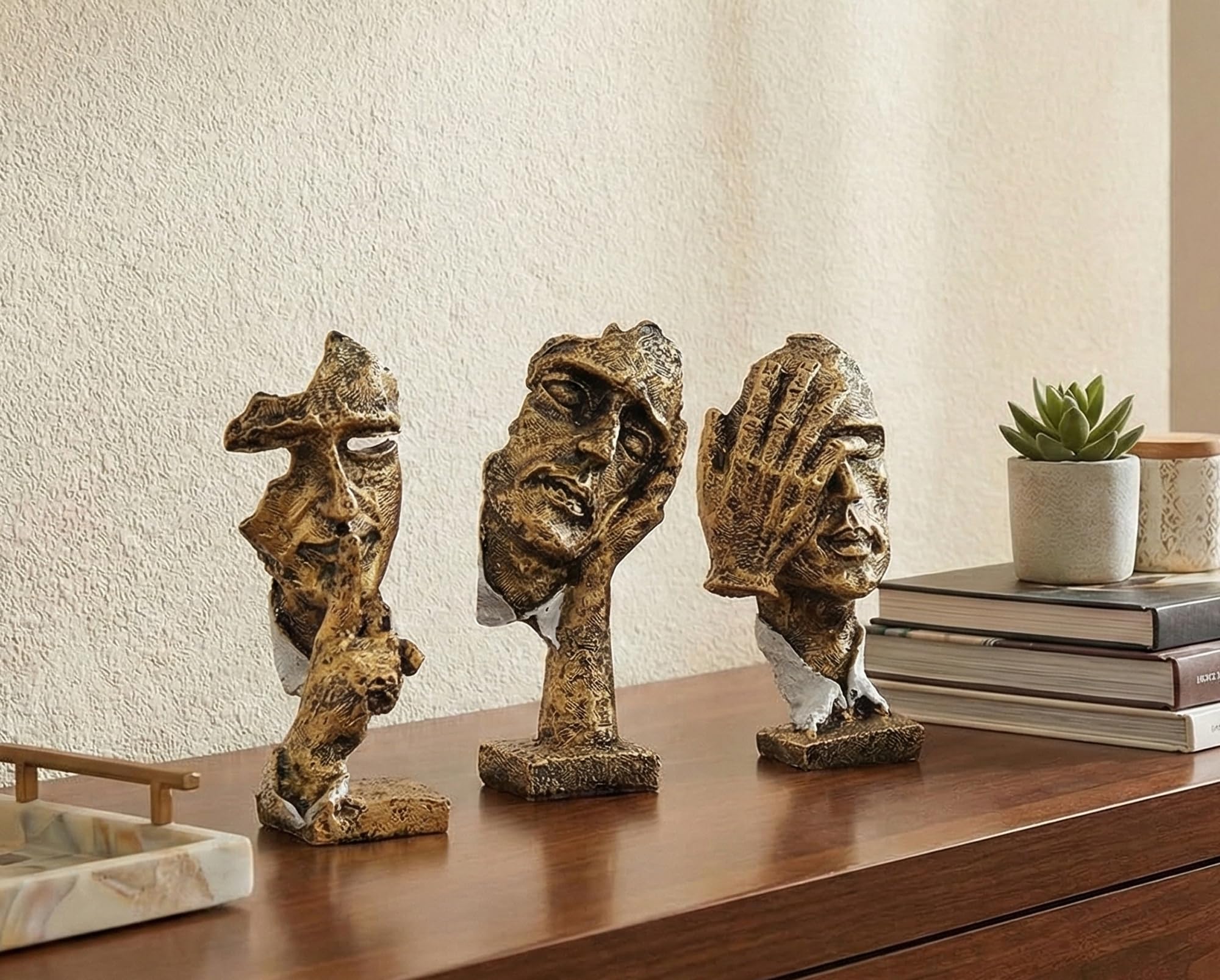 eSplanade Sculptures Zen Visages Humains (Lot de 3) - "Ne Voir, Entendre, dire Aucun Mal | Pièces de déclaration | Décoration d'intérieur en Résine 16,5 cm - Doré.