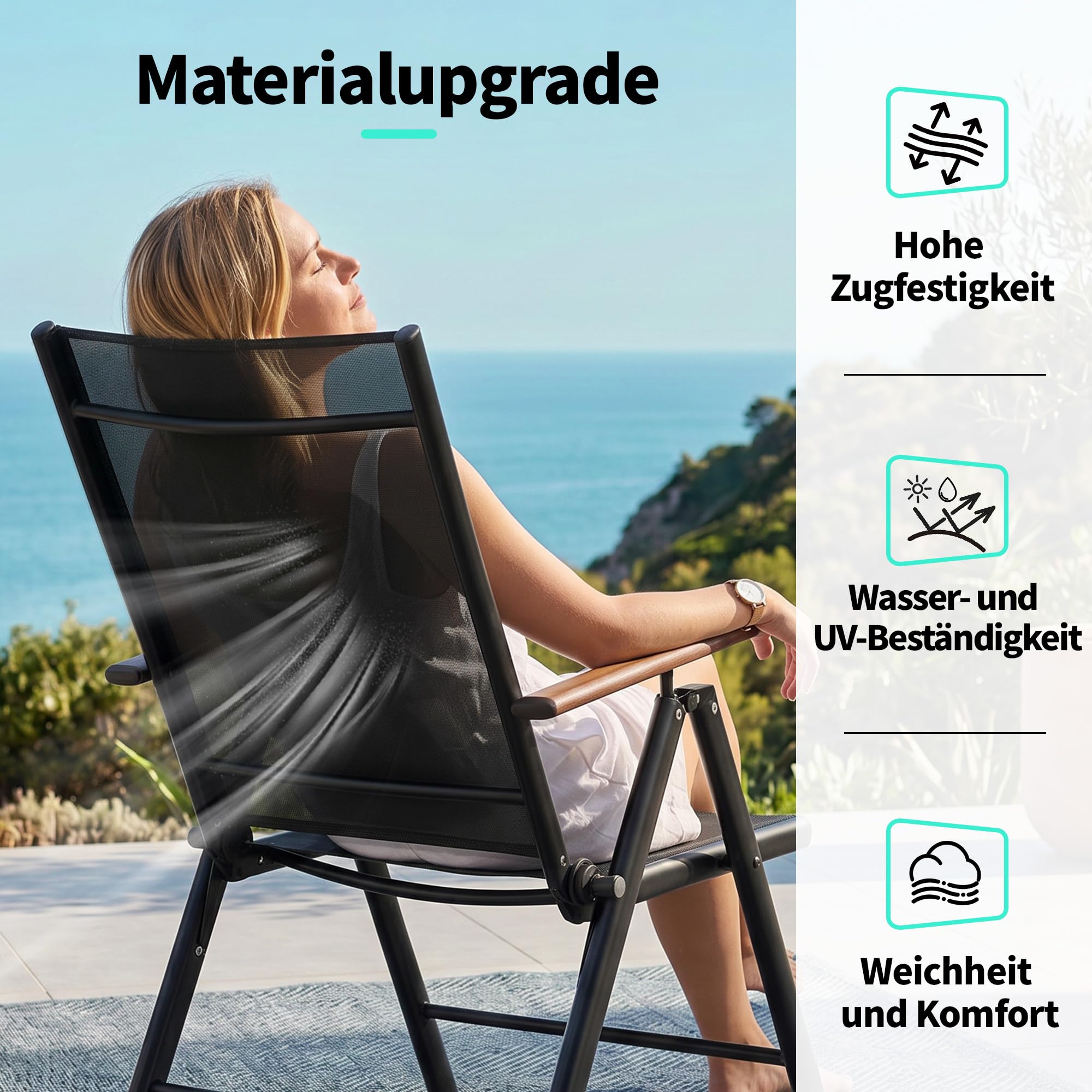 2026 Aufwertung 4er Set Klappbare Hochlehner Gartenstühle, Regulierbarer 7 Winkel Wetterfeste Terrassenstühle mit Atmungsaktives Textilene & Stahlgestell für Garten, Balkon, Terrasse, Poolbereich