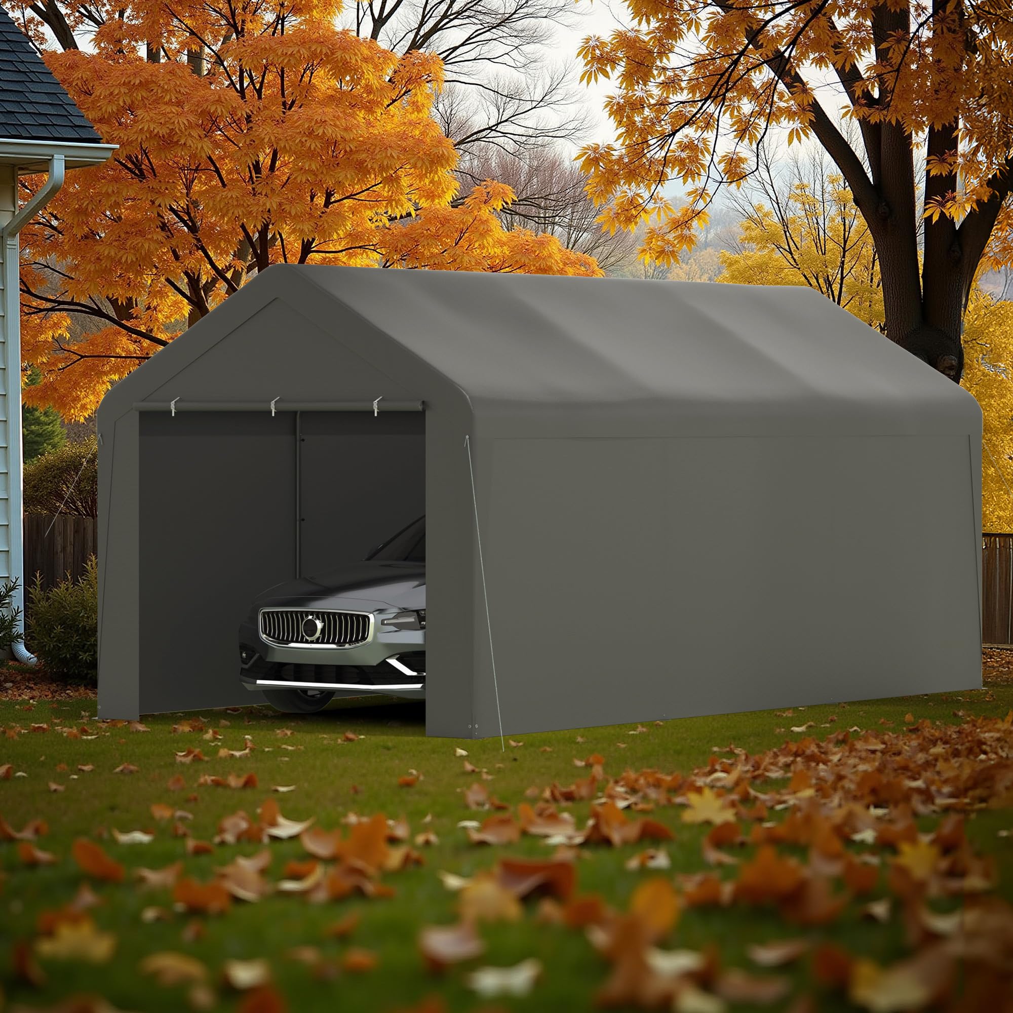 Tettoia per auto coperta, 3 x 50 m, con pareti laterali e porte rimovibili (grigio)