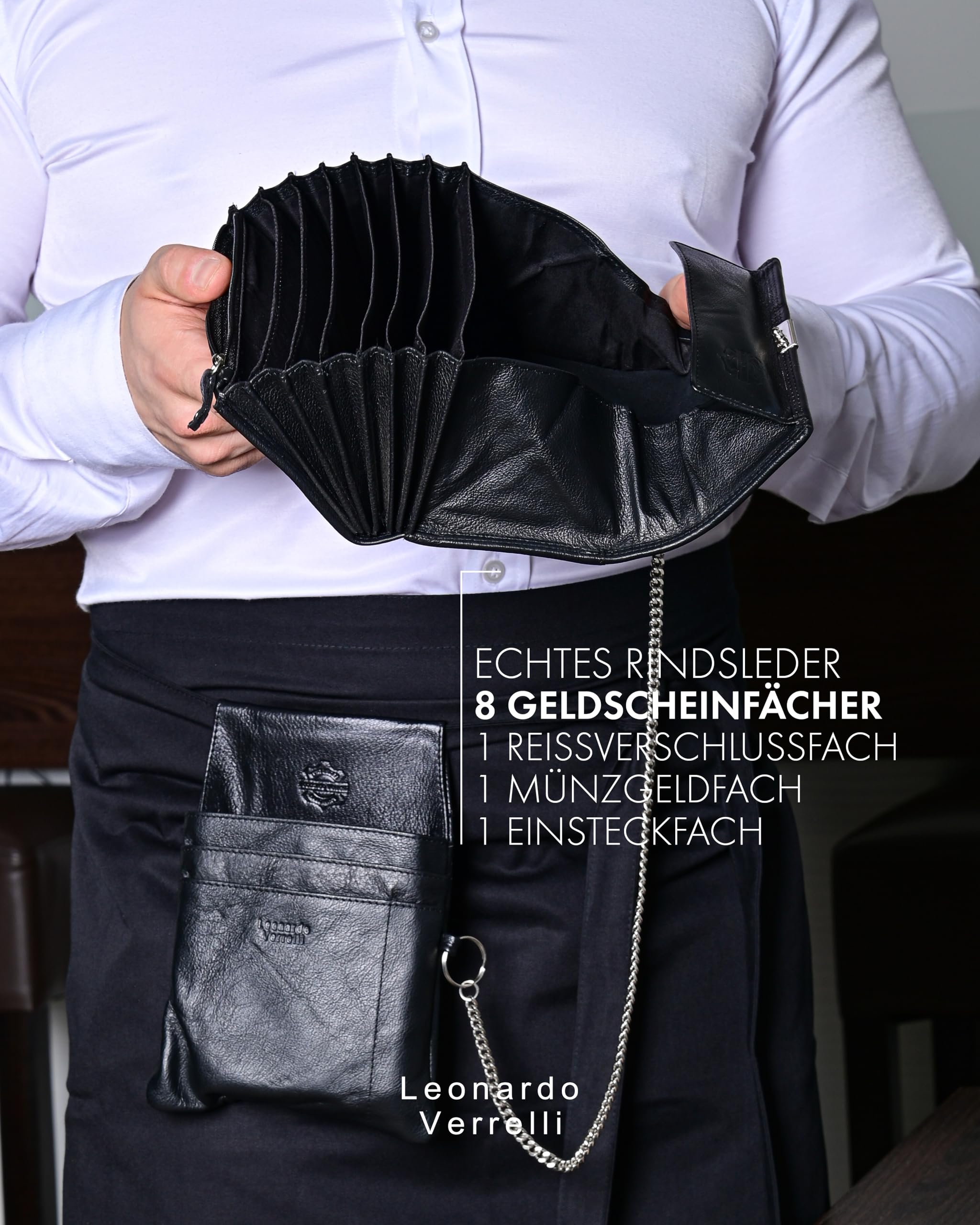 Kellner Geldbörse aus Leder, Kellner Börse, Geldbeutel, Taxi, Service für Damen Herren Portemonnaie mit oder ohne Holster, Steck-Tasche, mit Kette und Münzfach schwarz