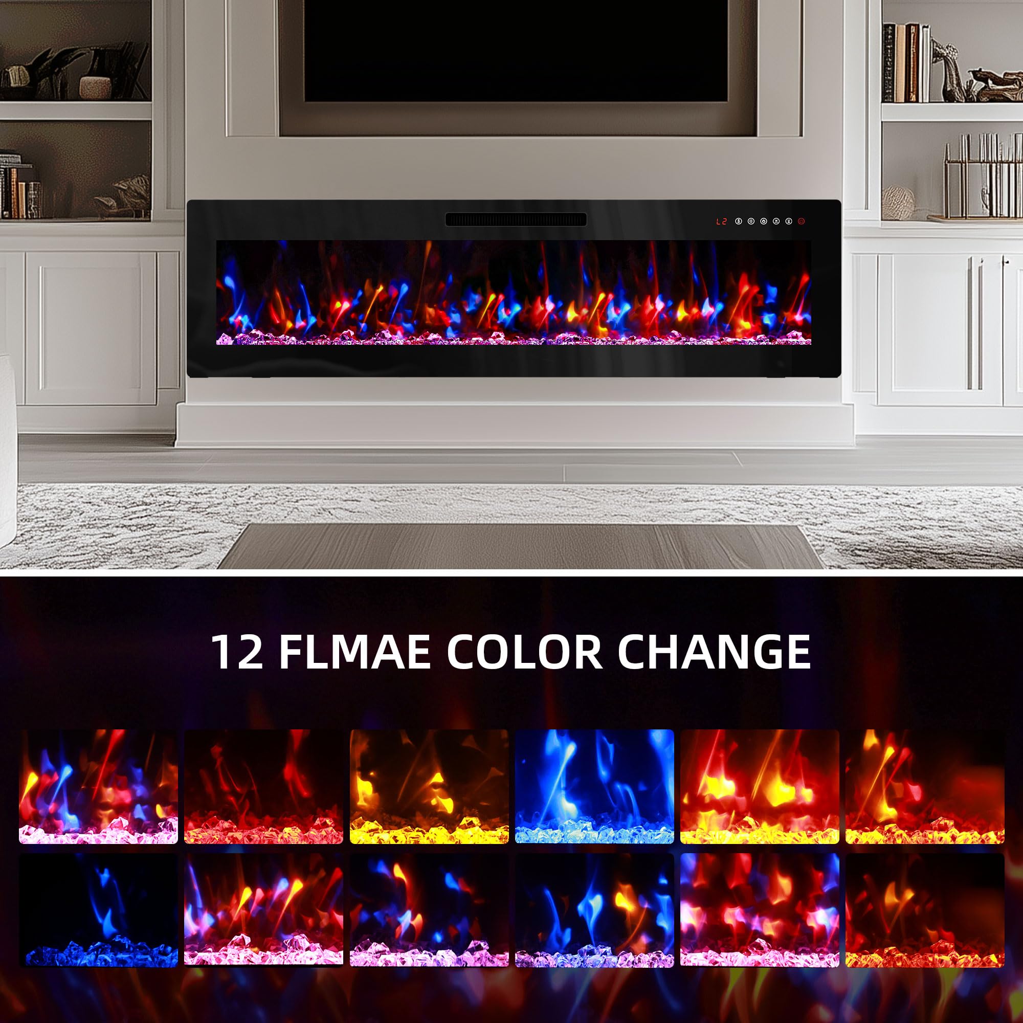 BREEZEHEAT 60 inch Electric Fireplace Inserts-Recessed Fireplace for TV Stand-Wall Fireplace with Remote Control, 12 Flame Colors, 5 Brightness, 1-8H Timer, Overheat Protection, 750/1500W