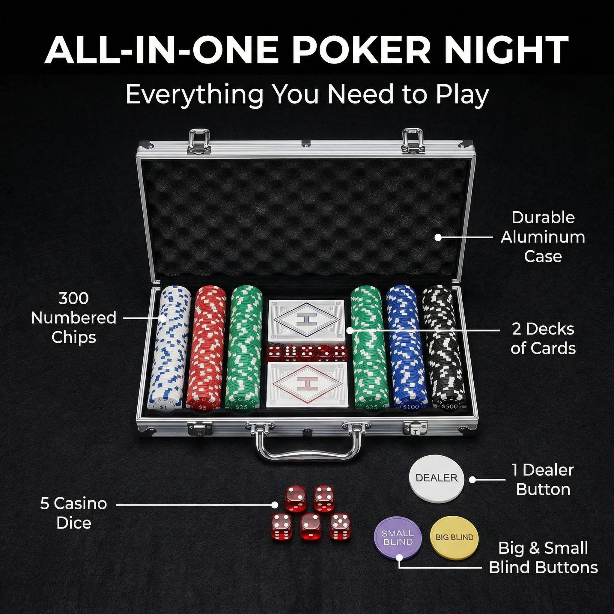 HEITOK Pokerkoffer 300 Stück – Texas Holdem Set mit 11,5g Chips, Alu-Koffer, Karten, Würfel & Button - 2