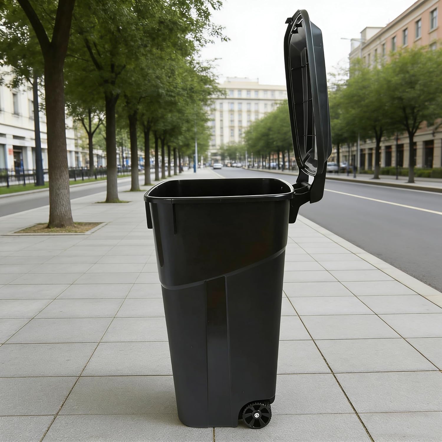 32 Gallon Plastic Garbage Can with Attached Lid, Wheeled Trash Bin, Outdoor/Indoor Use, Black