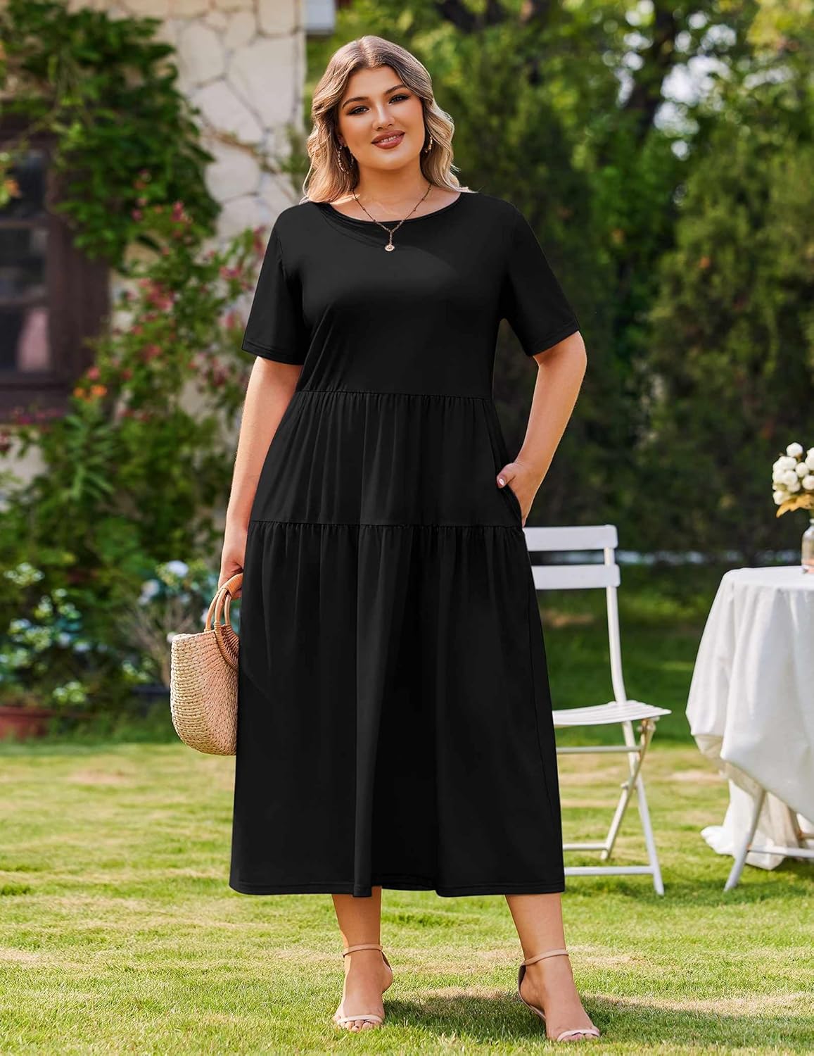 IN'VOLAND Plus Size Casual Dress for Women Bohemian Short Sleeve Flowy Loose Maxi Summer Beach Swing Dresses with Pockets - Image 3