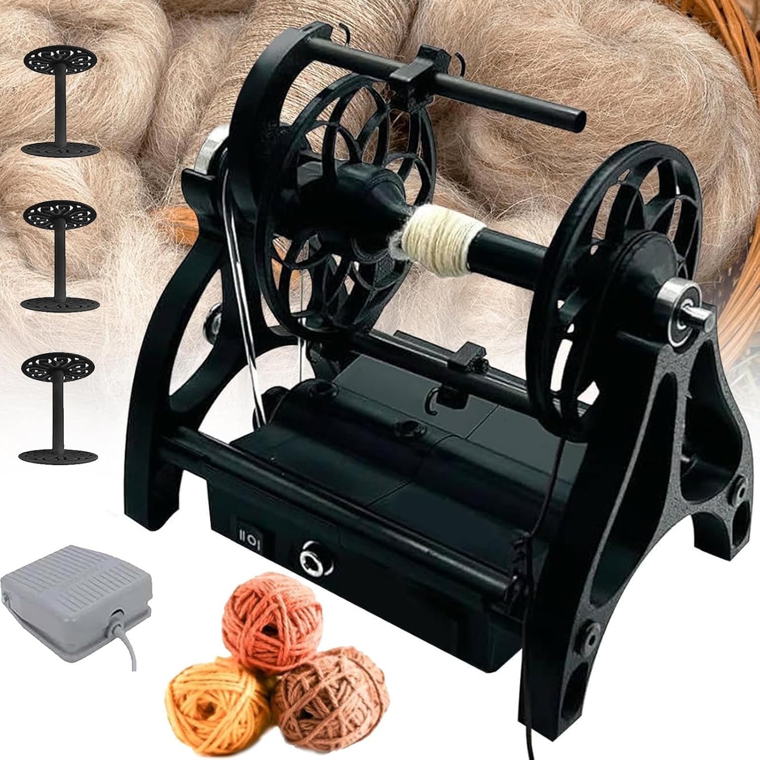 Household Electric Spinning Wheel,120g Capacity Yarn Ball Winder,Wool Fibre Twisting, Drum Carder-Adjustable Speed/Forward and Reverse Switching(Black)