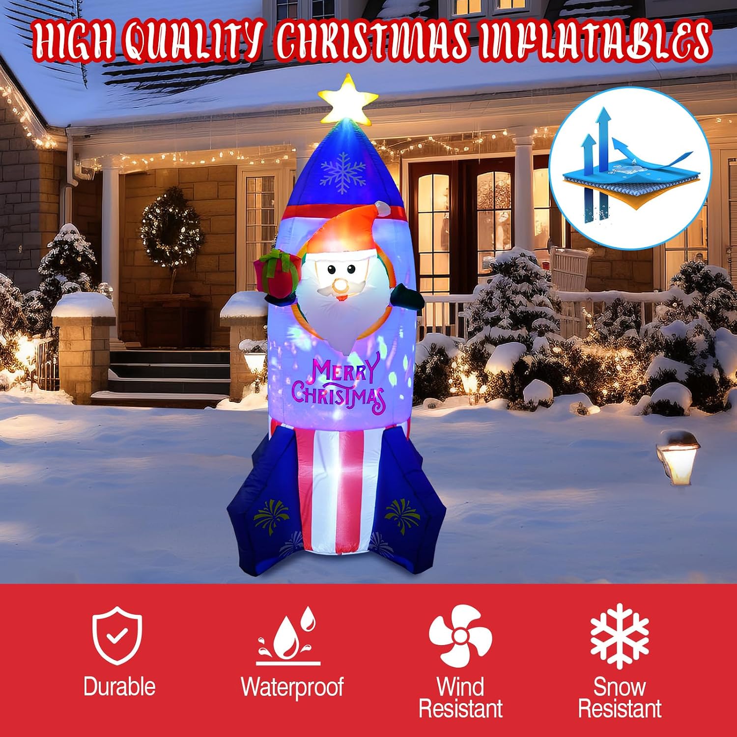 [Flash Light] 7.2 FT Christmas Inflatable Santa Ride Rocket Decorations, Christmas Blow up Yard Decoration Inflatable Rocket Built-in Colorful LED Lights for Christmas Decorations Xmas Gifts