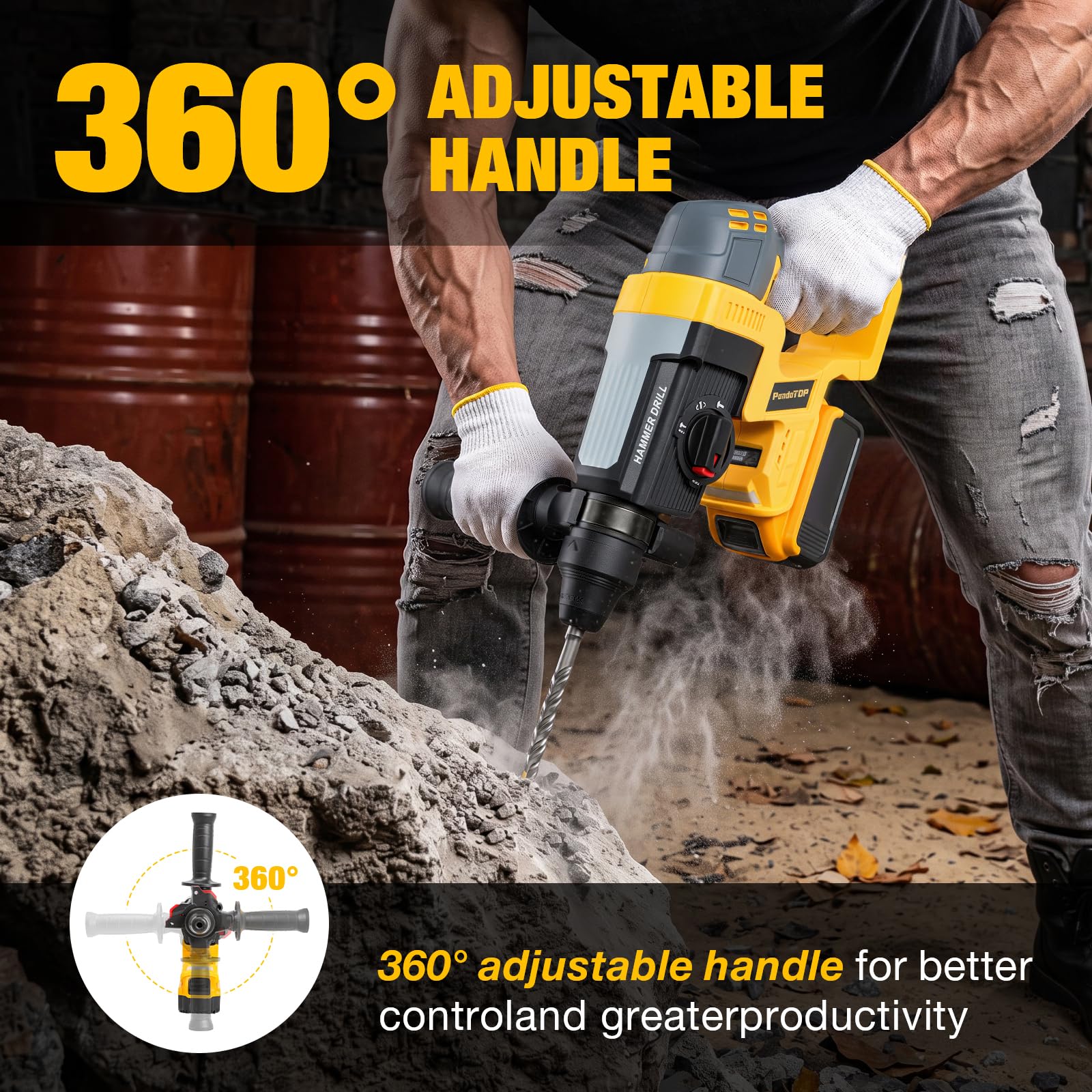 SDS Plus - Trapano a percussione senza fili per Dewalt 20 V Max Batteria, 20 V, senza spazzole, per calcestruzzo, muratura, legno, metallo, rotomartillo, 4 funzioni, 5 trapani con guanti (batteria non