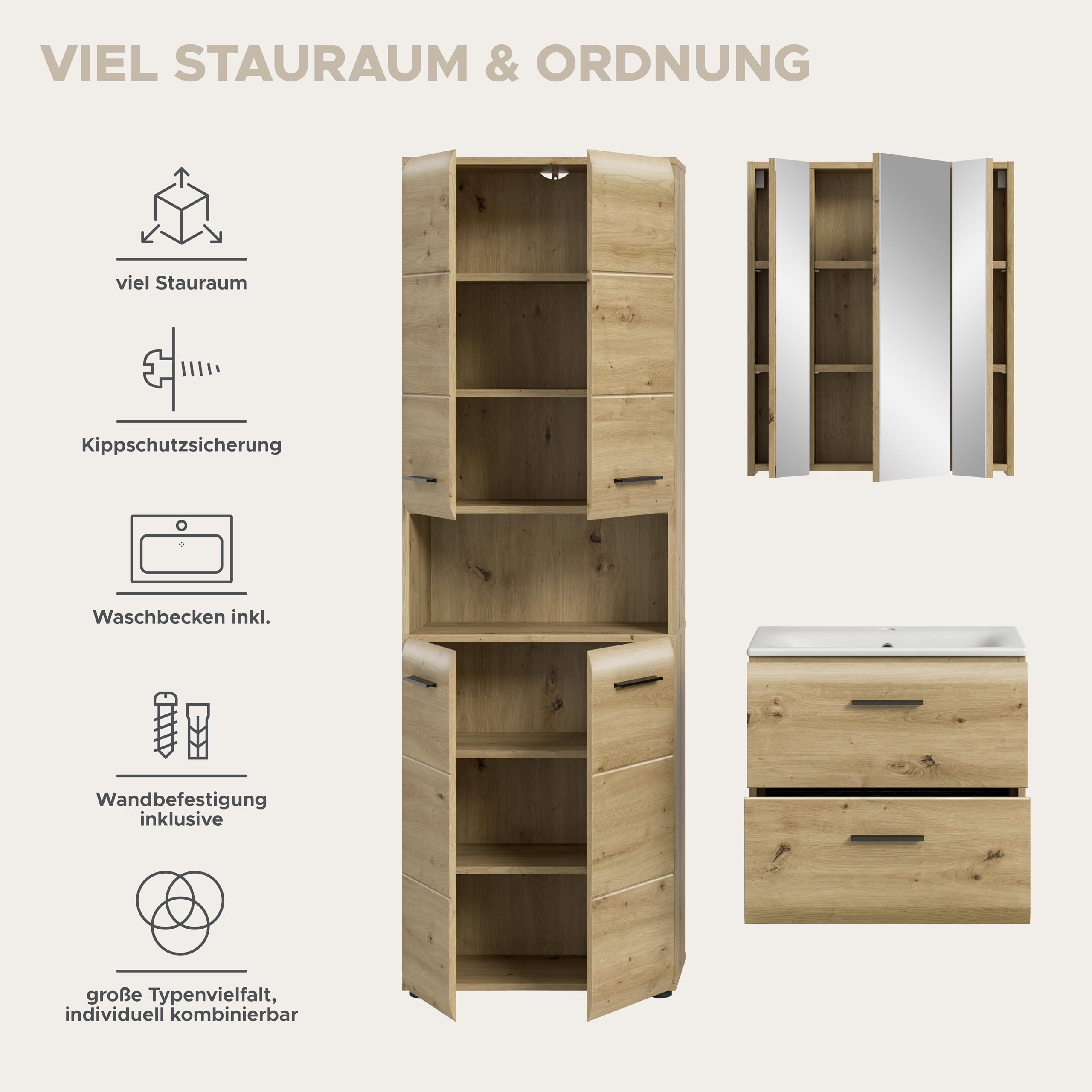 xonox.home – 3 TLG. Kompakte Badkombination Ice 135x185x46 cm in Korpus und Front Artisan Oak Nachbildung – Stilvolles Möbel-Set für Moderne Badezimmer – pflegeleicht & funktional – Bild 9