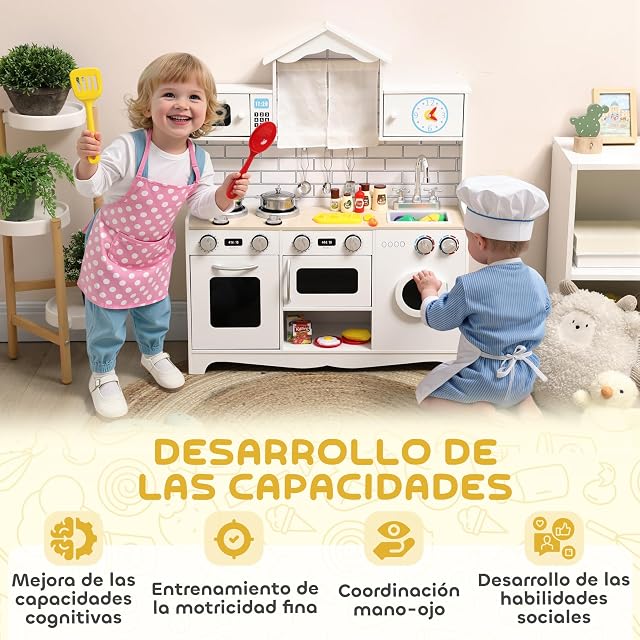 Foto 8 de 8 de AIYAPLAY Cocina de Juguete de Madera con Sonido y Cortinas Lavadora Blanco