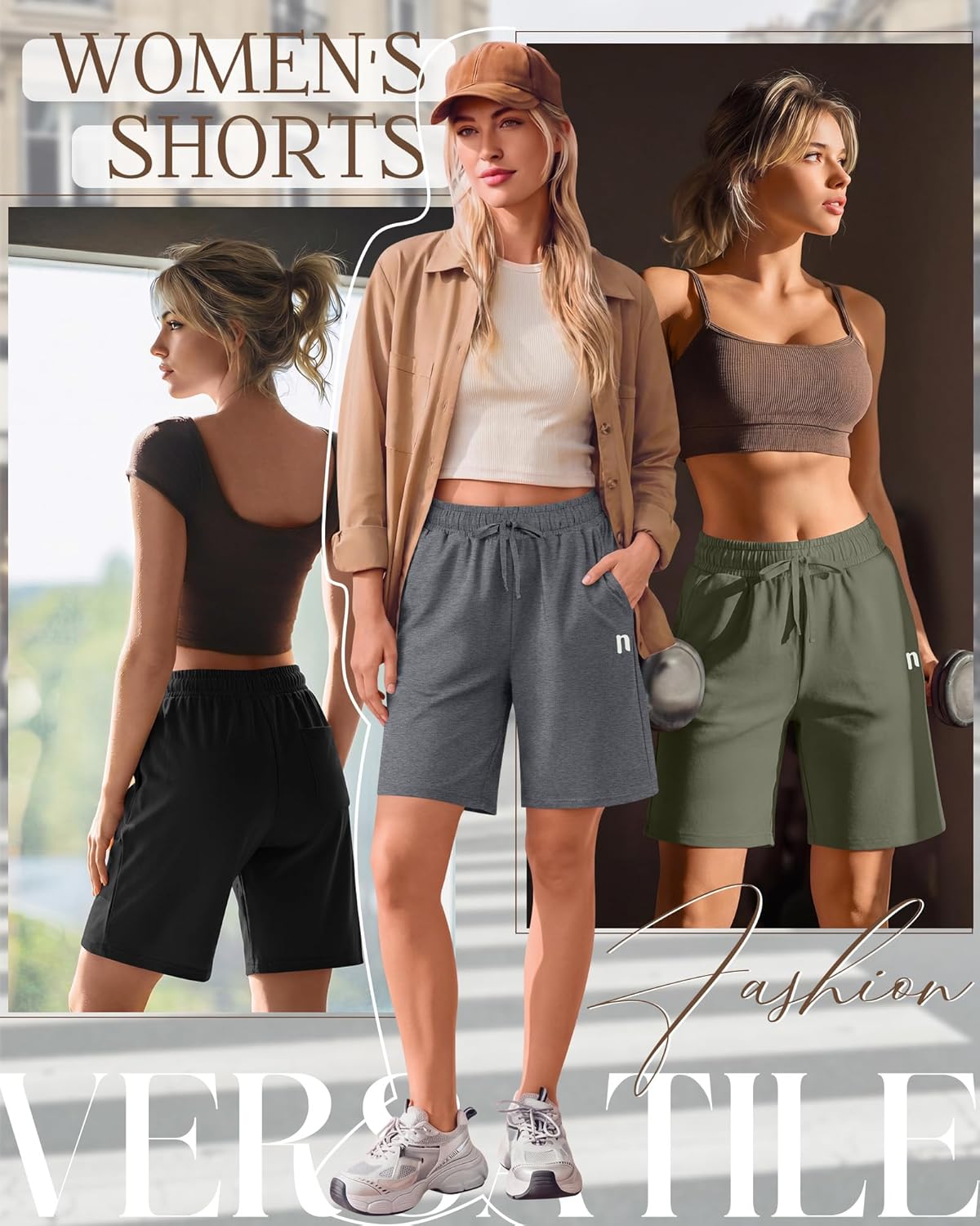 Neer 4 Pack Women's Bermuda Shorts Cotton High Waisted Drawstring Casual Loose Athletic Knee Length Shorts with Pockets