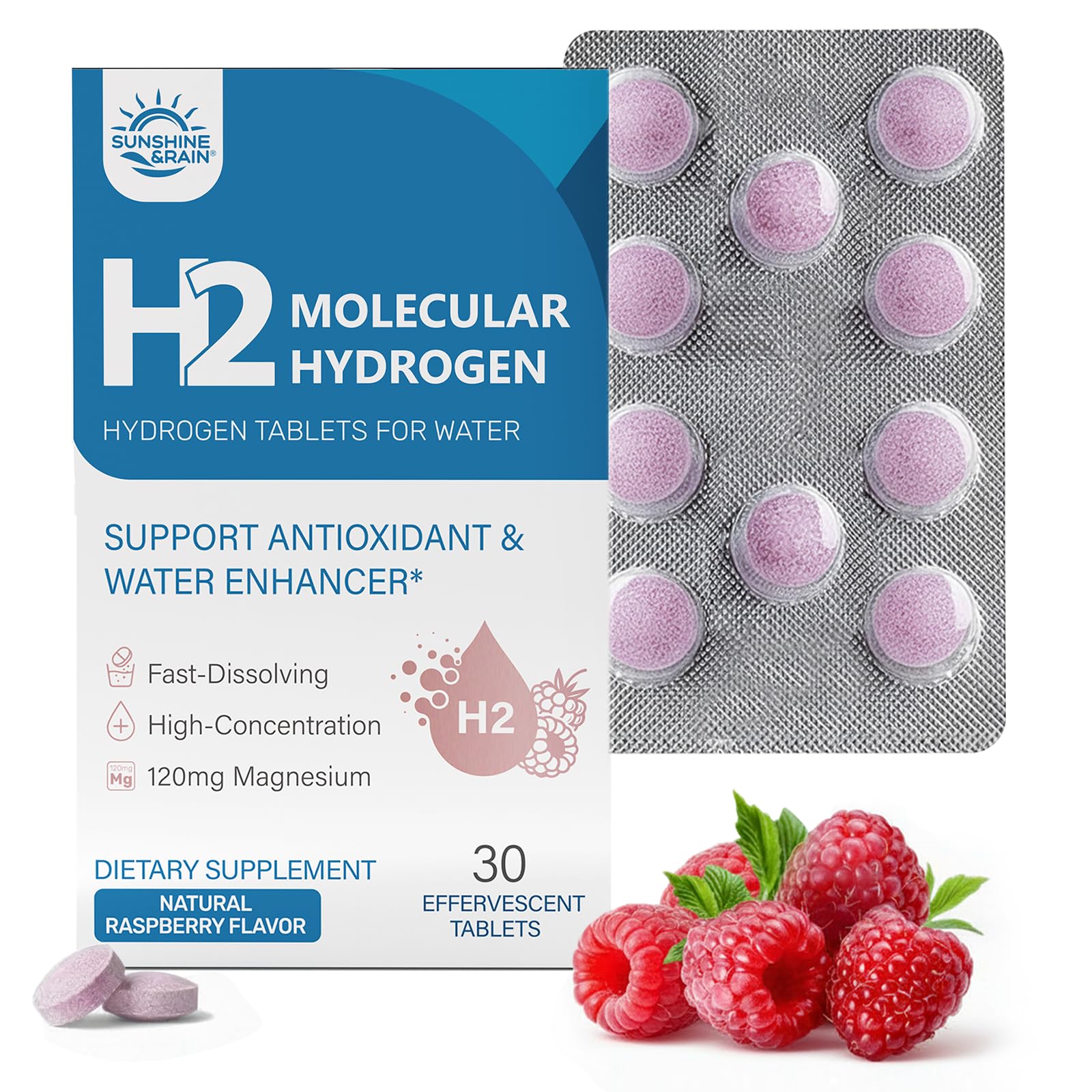 Hydrogen Tablets, Molecular Hydrogen H2 Tablets, 16 PPM Hydrogen Water Natural Raspberry Flavor 30 Count (Pack of 1)
