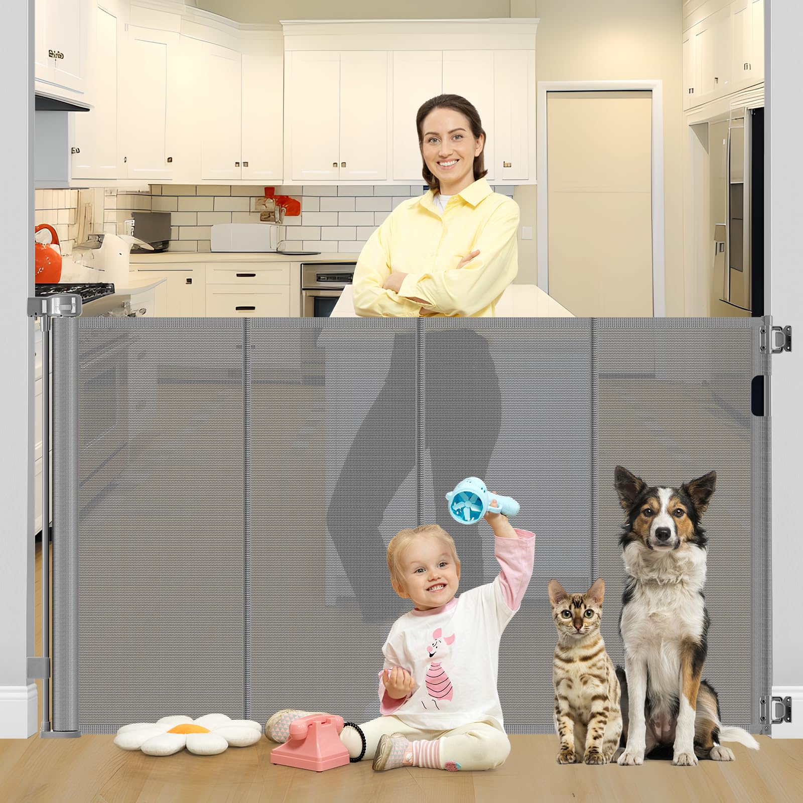 Reinforced 42" Tall X 80" Wide Retractable Baby Gate Extra Tall Cat Gate for Stairs No Sag Retractable Baby Gates for Doorways No Wrinkle Mesh Gates