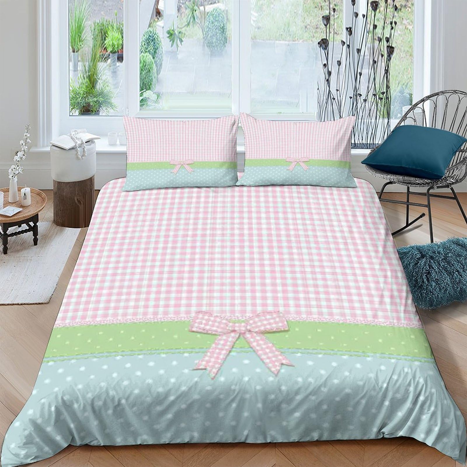 Ctjqhvkz Style-1 3D Printed Pink Gingham Bow Fitted Sheet Microfiber Soft Green Polka Dot Bed Cover For Bedroom Guest Room Decor Single（135X200cm）