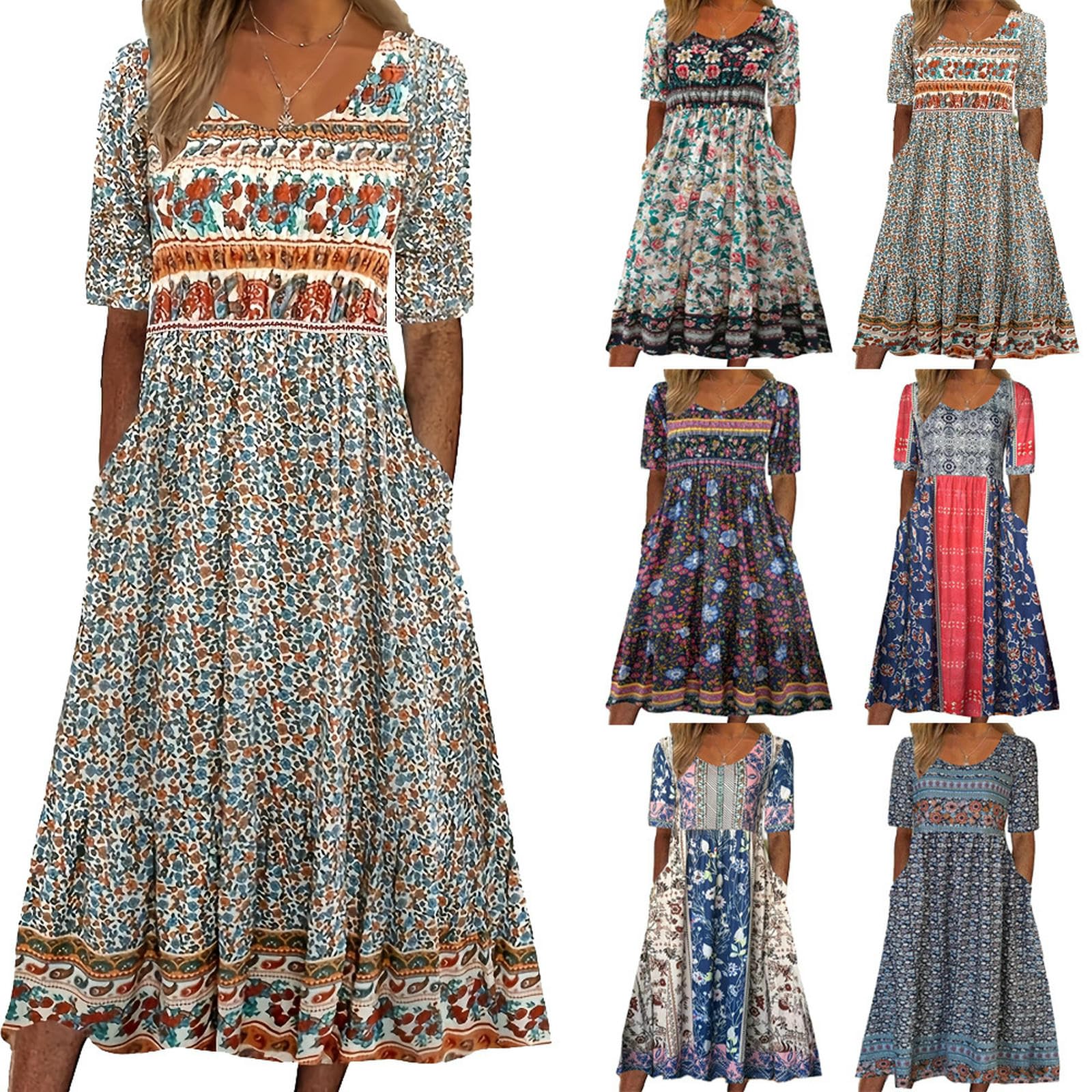 Abiti da Donna Abito Lungo A Manica Corta da Donna Rotonda da Donna con Abito Stampato-c-XL