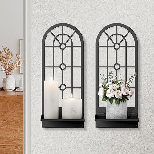 Miniatura 11 de Candelabro de pared, decoración de pared de metal negro, portavelas de pared retro para sala de estar, comedor, dormitorio, baño (paquete de 2, 16.5
