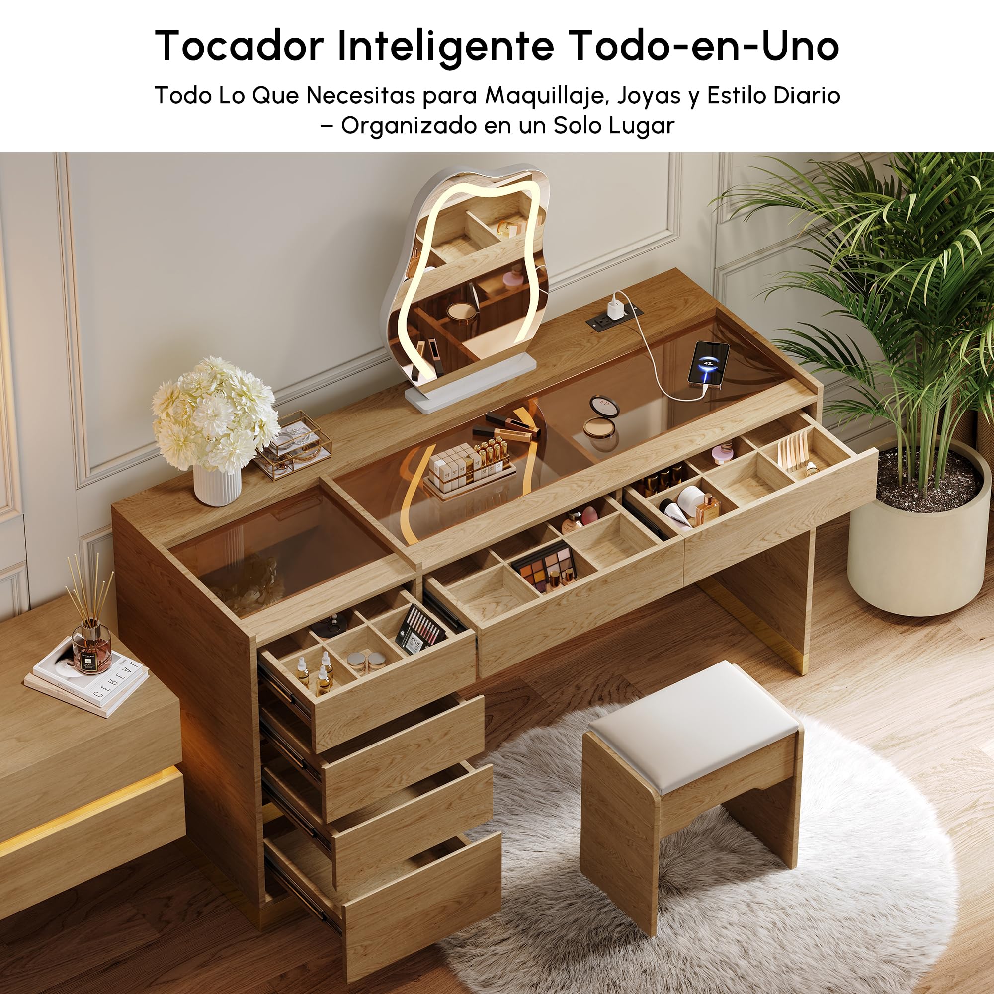 Homary Tocador de Maquillaje 140 cm con Taburete, Tocador de Maquillaje Moderno con Espejo LED, Mesa de Cristal con USB y Joyero con LED Luz, Natural
