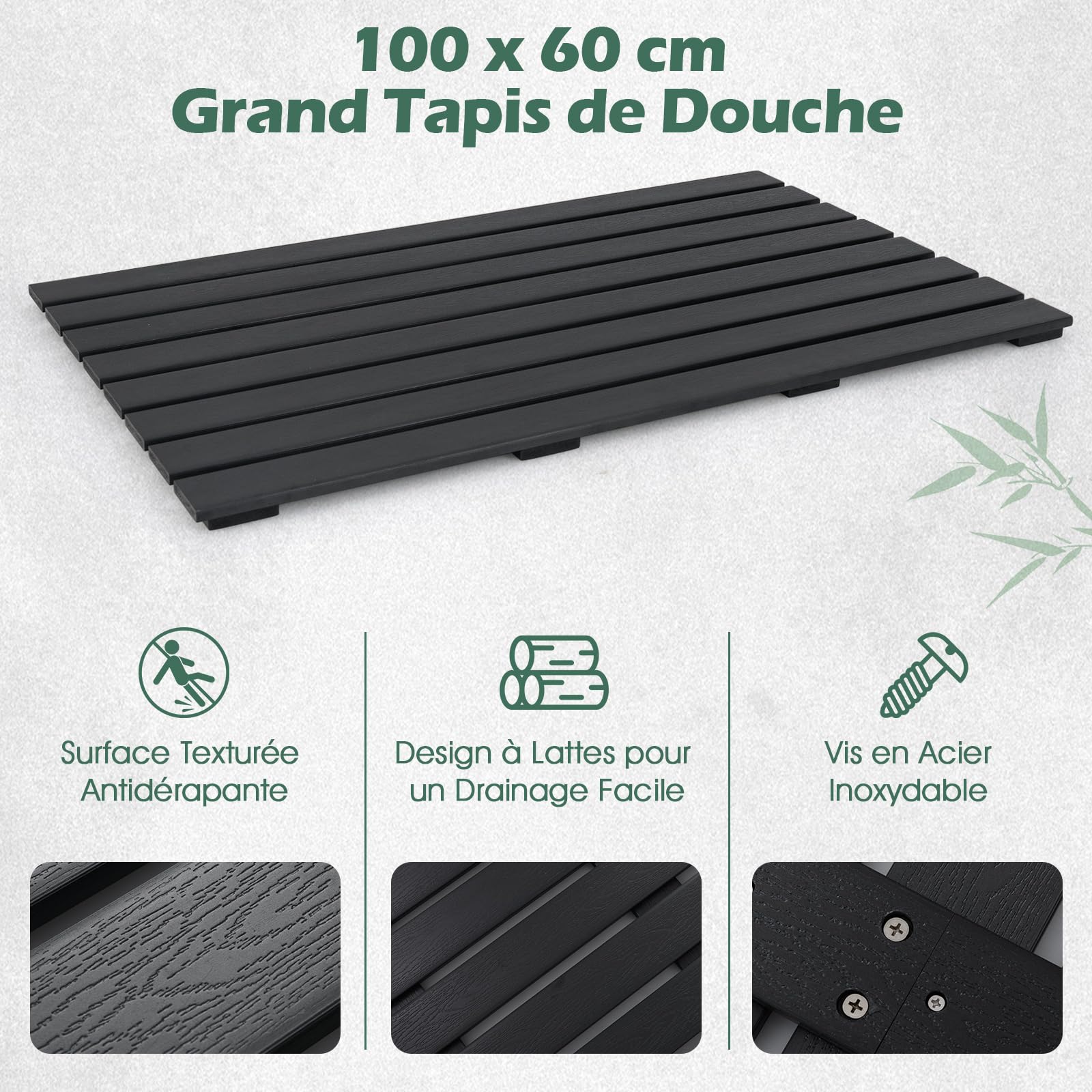 GOPLUS Tapis de Douche Exterieur, 100 X 60 CM Caillebotis Interieur Antidérapante Bois-Plastique,Design à Lattes de Sol pour Salle de Bain, Charge 150KG, Noir