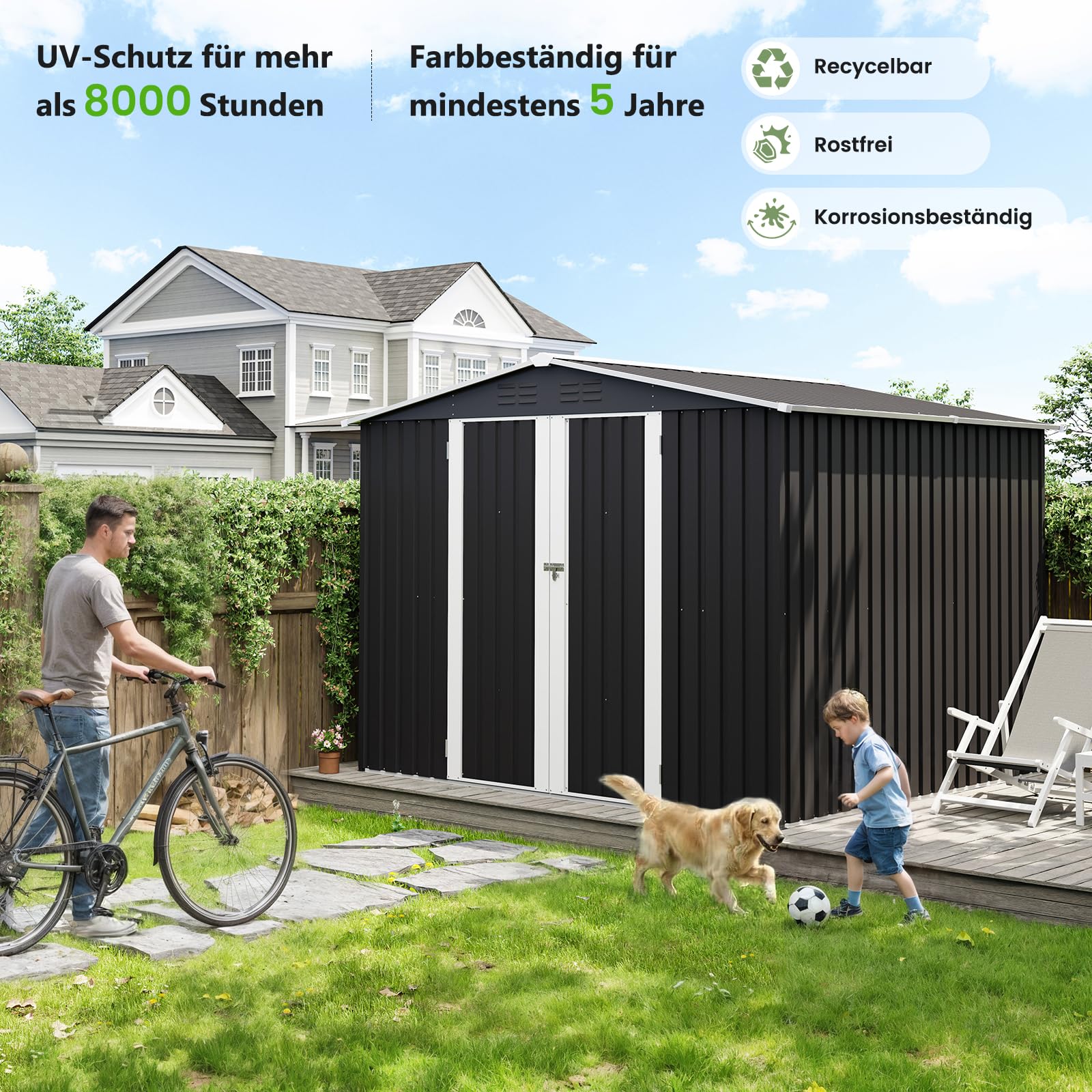 UDPATIO Metall Gartenhaus mit 10 m³, Pultdach - 250 x 248 x 194 cm für den Außenbereich, Geräteschuppen, Fahrradgarage, Verzinkter Stahl mit Abschließbarer Tür für Hinterhof,Dunkelgrau