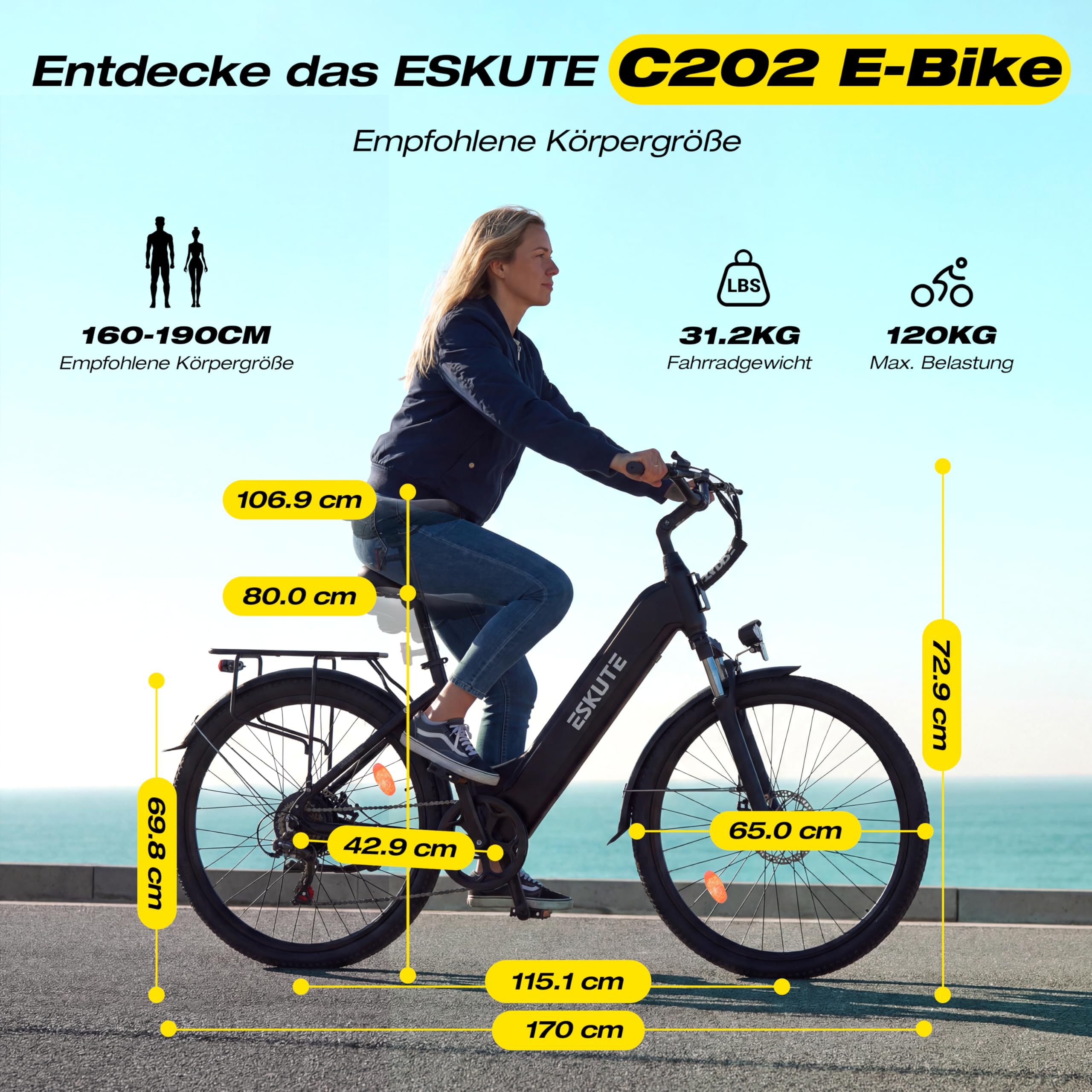 ESKUTE 26 Zoll E-Bike für Herren & Damen,C202 Elektrofahrrad mit 48V 17,5Ah Akku, 250W Motor, 7-Gang-Schaltung, LCD-Display, bis zu 110 km Reichweite, 25 km/h City Trekking E Bike für Erwachsene