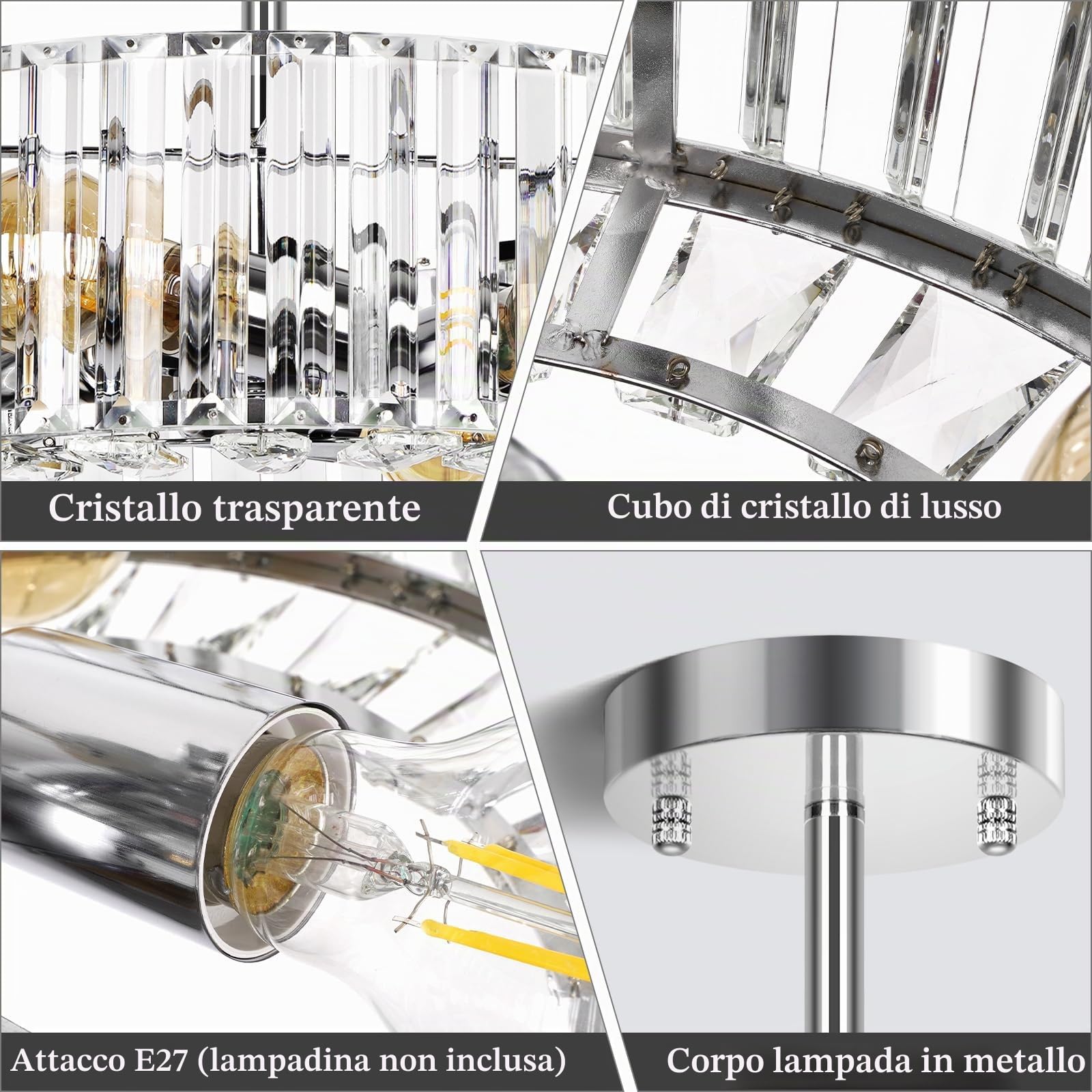 FRIDEKO HOME Moderna plafoniera in cristallo cromato, 4 fiamme grande lampadario rotondo cristallo paralume metallo soffitto E27 per camera da letto, soggiorno, sala da pranzo, cucina, corridoio, Ø37