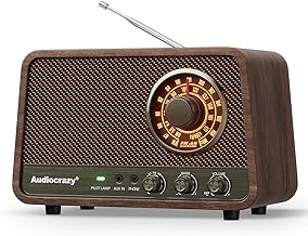 AM FM Radio, Vintage Wooden Finish Radio Plug in Wall with Bluetooth Speaker, Aux in, Headphone Jack, Bass Control, for Home, Office