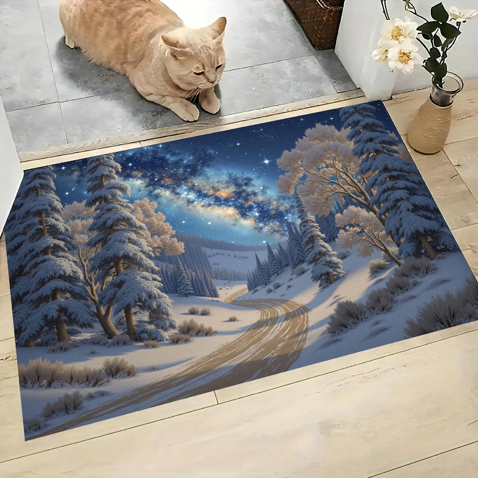 Tapis De Porte De Bienvenue, 90 X 150 Cm Scène Neige Étoilée Rêve Paillasson Entree Antidérapant Lavable Arbre Galaxie Neige Tapis De Sol Anti-Poussière pour Entrée Couloir Cuisine,Bleu