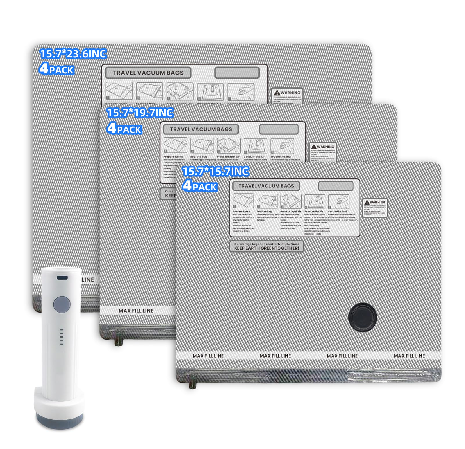 OVRRCSME 12 Pack Travel Vacuum Bags for Clothing with Rechargeable Electric Pump，Travel Vaccine Sealed Storage Bag for Comforters Blankets Clothes