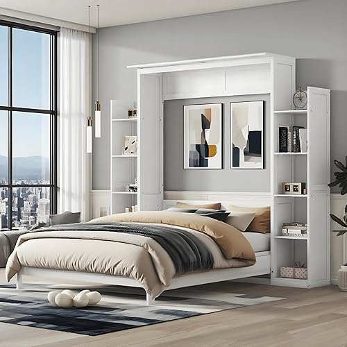 Queen Size Murphy Bed with 5-Tier Shelves and LED Lights,Foldable PlatformBed Vertical Wall Bedframe for Small Space,Bedroom,Guest Room,White