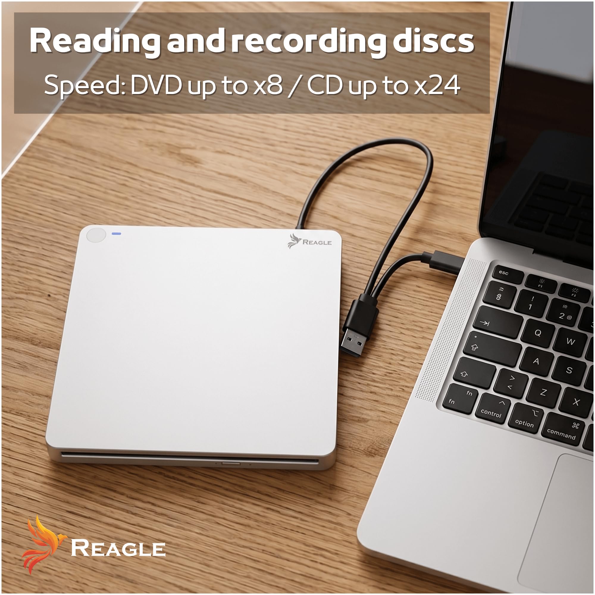 Reagle Lecteur Graveur CD DVD Externe Slot-in USB-C USB-A 2-en-1, USB 3.2 Gen 1 5 Gbit/s, CD 24x DVD 8X, Câble Intégré, Plug & Play pour PC Portable, Windows macOS Linux, Argent