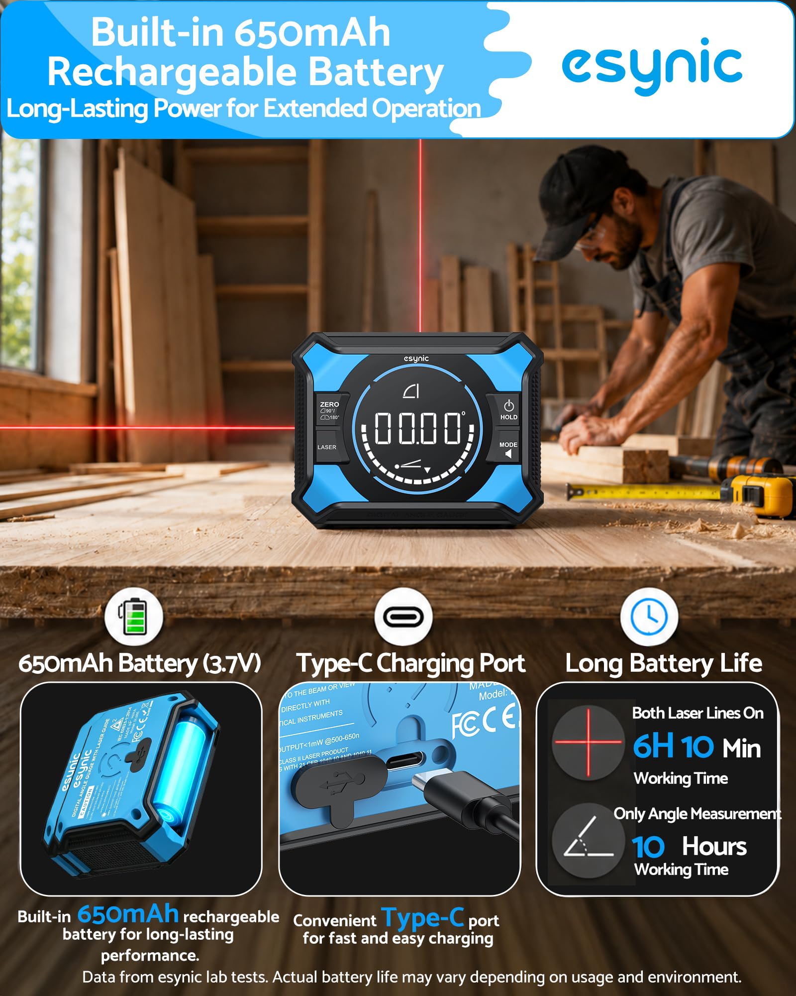 eSynic Inclinómetro Digital 3 en 1 con Láser, Transportador de Ángulos Magnético Recargable por USB-C, Precisión ±0.1°, Pantalla LED, 4×90°/2×180°, para Cuadros, Azulejos y Carpintería