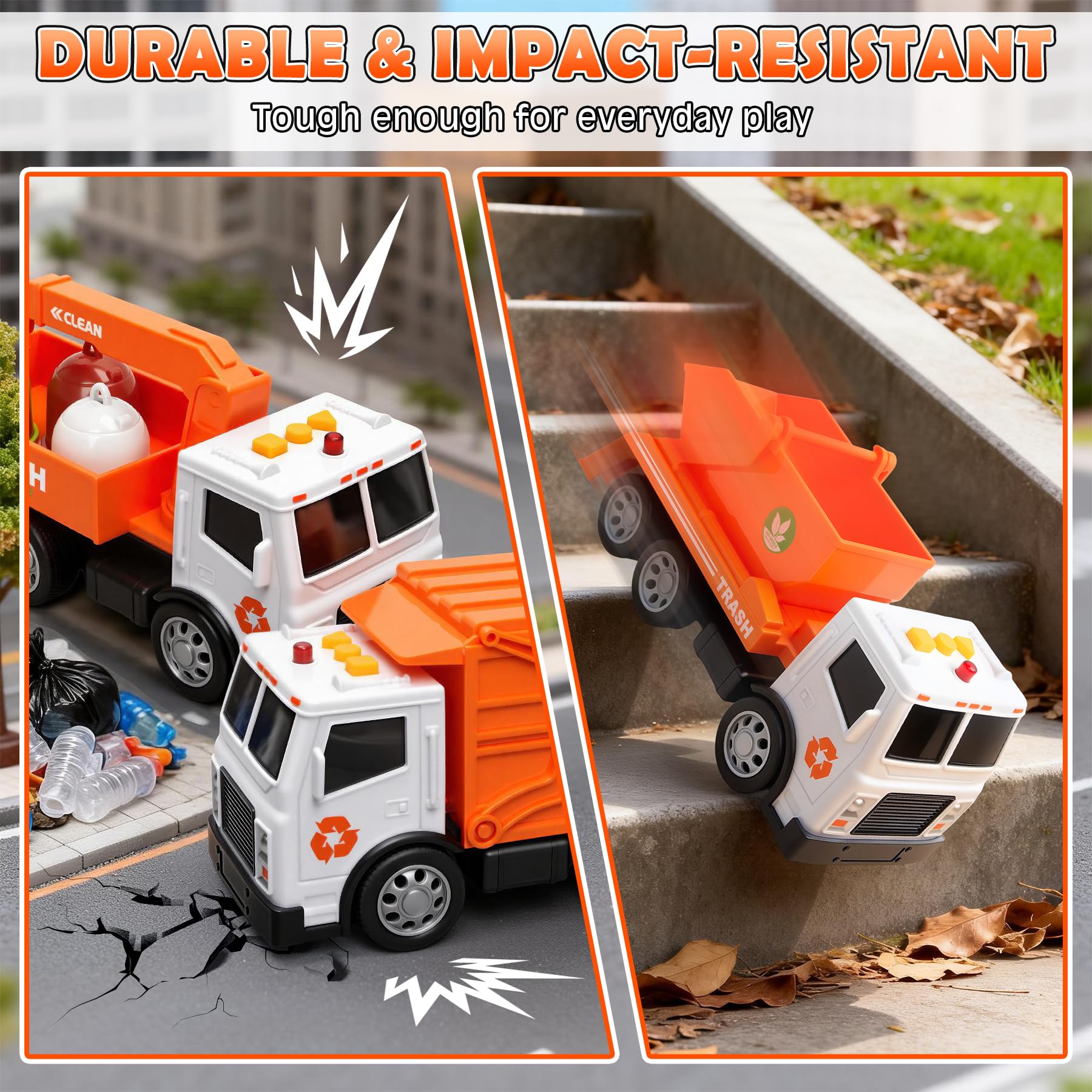 BunnyJOY Müllauto Spielzeug Set für Kinder ab 3 Jahre, LKW mit Licht & Sound, Friktion Müllwagen, Kranwagen, Müllkipper & Hecklader inkl. Mülltonnen & Figur, Lernspielzeug Geschenk