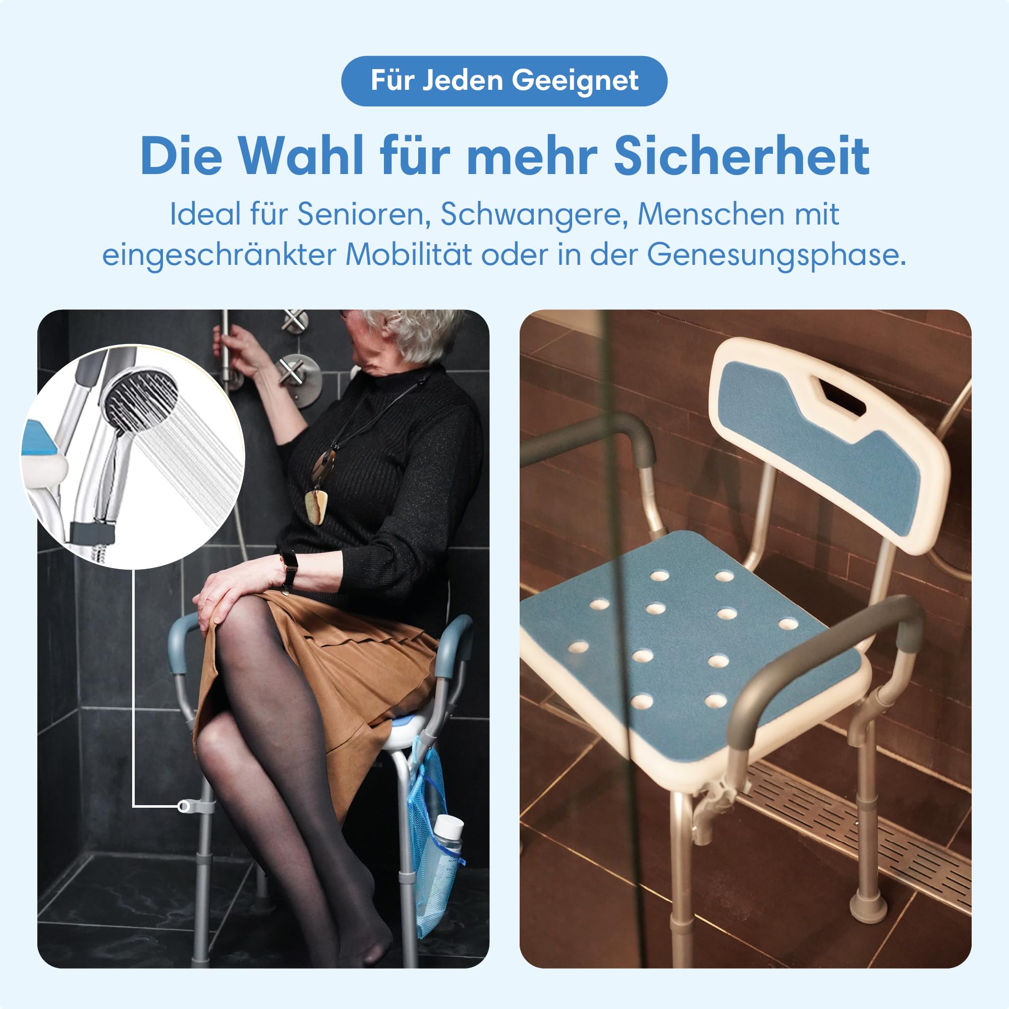 Safe Age® Duschstuhl mit Abnehmbarer Rückenlehne und Armlehne - rutschfest - höhenverstellbar - Duschstuhl für senioren