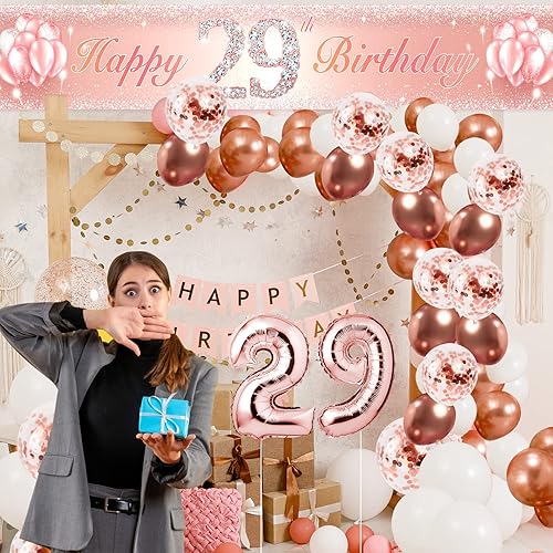 Miniatura 1 de Cartel de feliz cumpleaños número 29 con kit de globos de cumpleaños, decoración de fiesta de cumpleaños de 29 años, suministros para decoración de