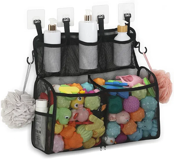 DOCMON Bath Toy Organizer, 2 Layers Large Capacity Bath Toy Holder for Bathtub, Quick Dry Bath Toy Storage with Buttom Zipper, Bath Toy Net Basket Mesh Shower Caddy for Bathroom Toys Toiletry - Black
