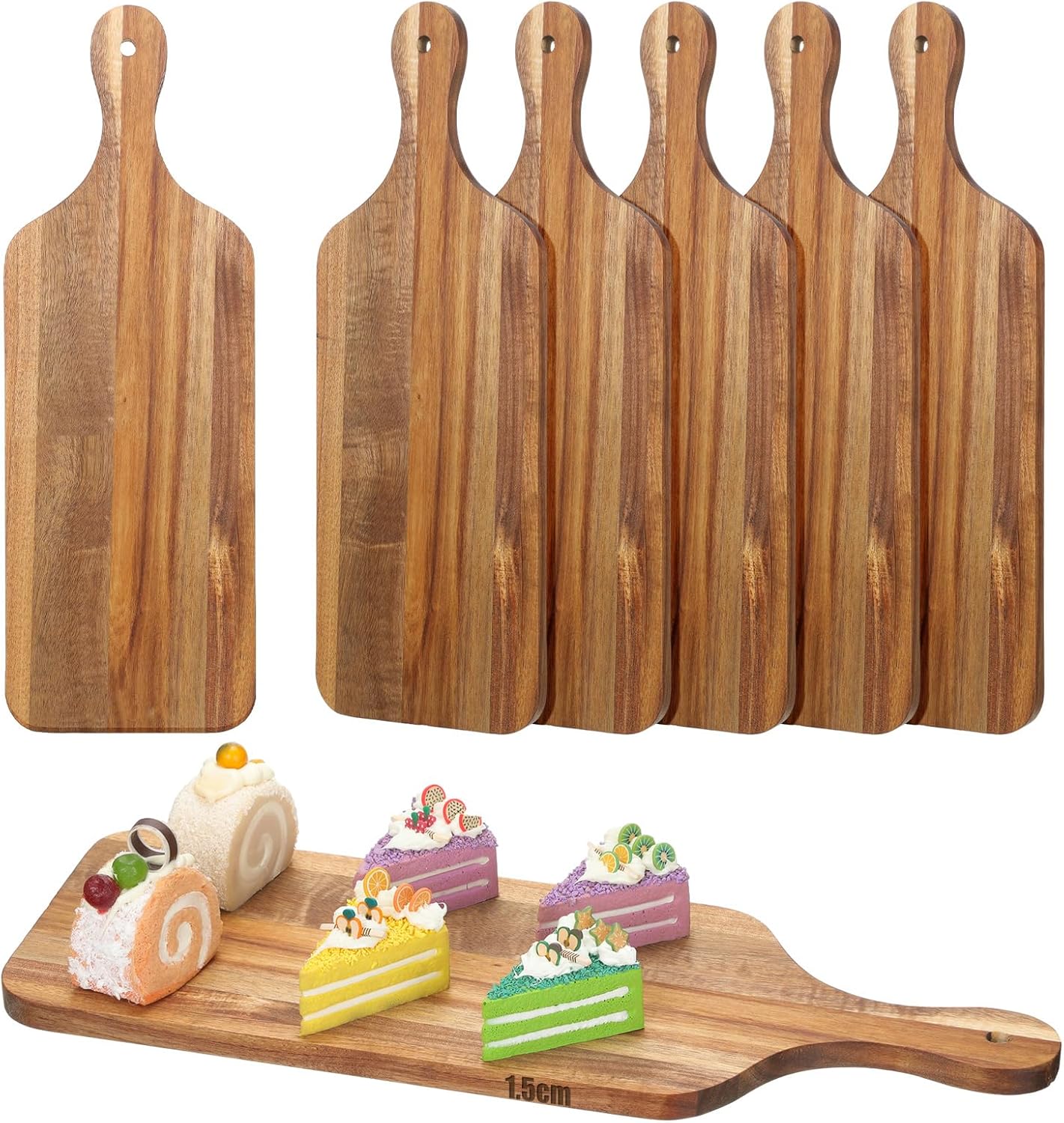 Rtteri 6 Pcs Acacia Wood Cutting Board with Handles Kitchen Thicken Chopping 17 x 6 Inch Wooden Charcuterie Serving Blank Boards Bulk for Engraving Wedding Housewarming Gift