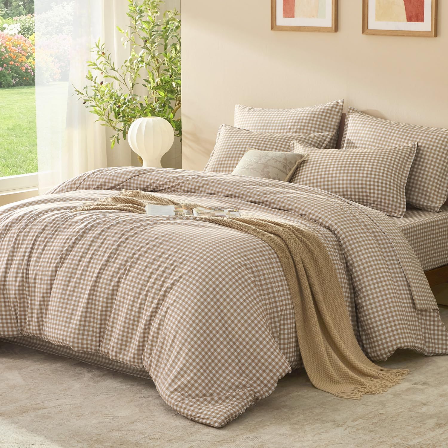 Litanika King Size Comforter Set 7 Pieces Earthy Tan Gingham | Farmhouse Cottage Checkered Bed in a Bag with Sheets Lightweight Fluffy Soft Bedding Sets Down Alternative All Season