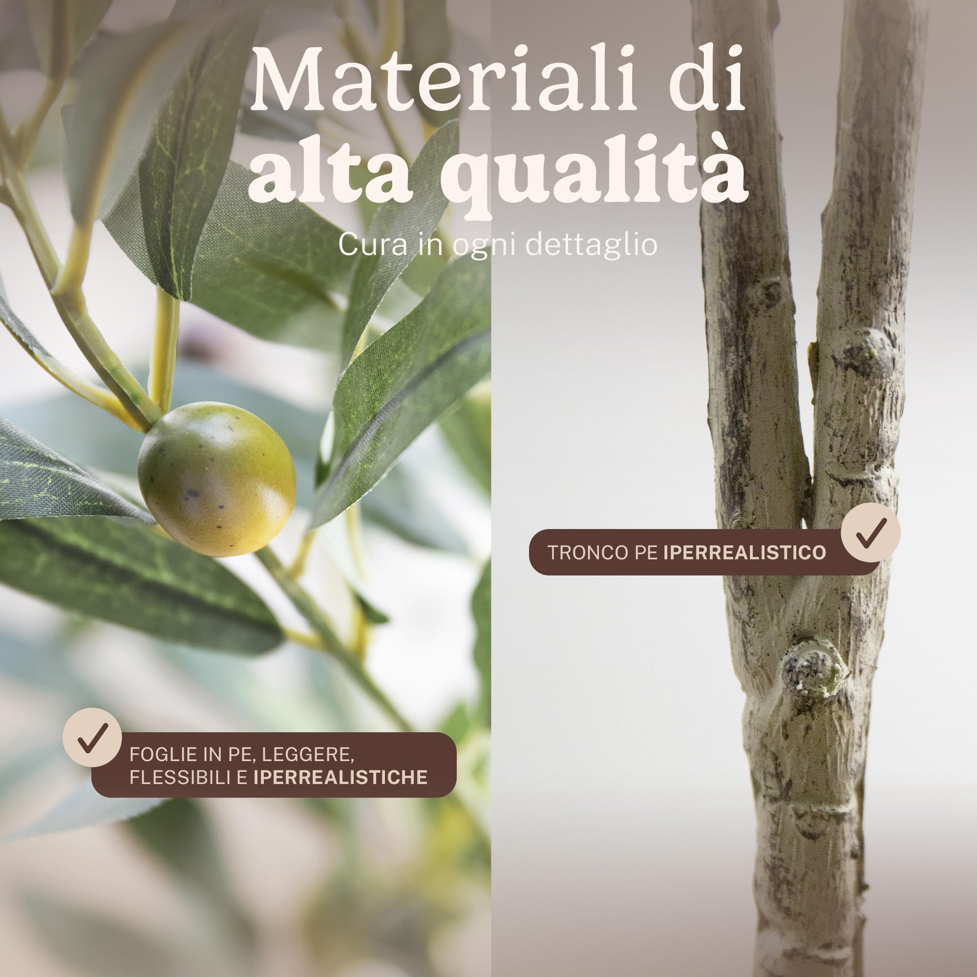 MAIA SHOP Olivo artificiale Flair 150 cm Minimal, pianta finta da interno con tronco naturale, albero decorativo realistico per casa ufficio hotel