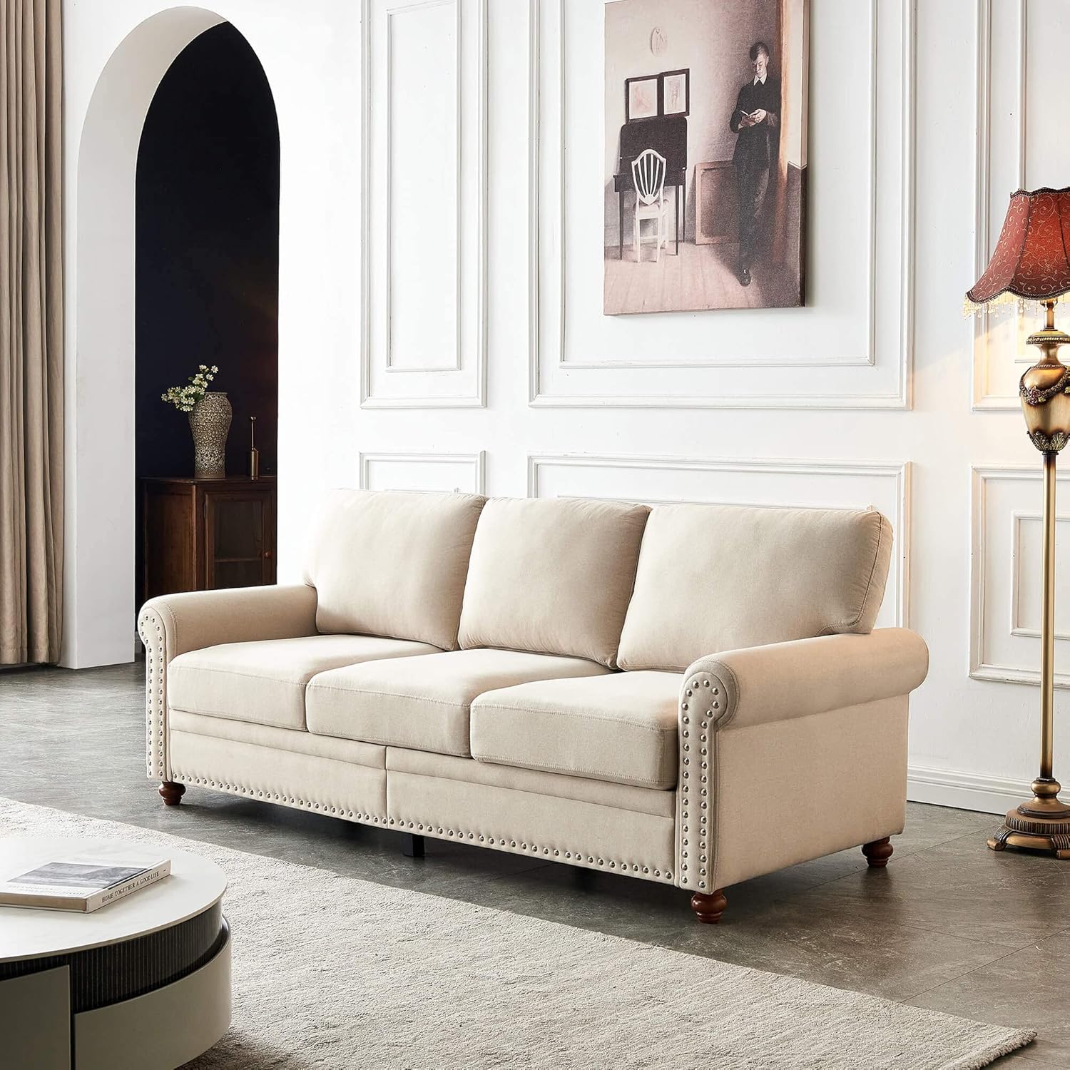 Assembled Lestar Fabric Sofa Couch in a living room setting.