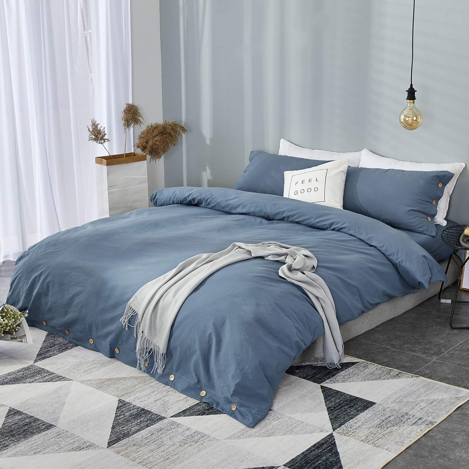 Argstar 3 Pieces Button Duvet Cover King Size, Denim Blue