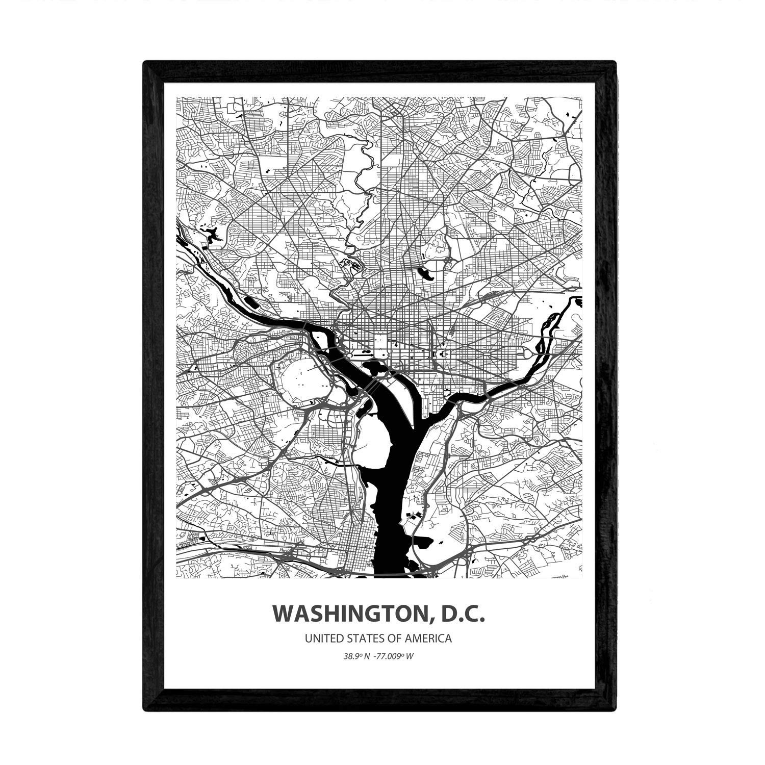 NacnicPoster with map of Washington D.C - USA. Sheets US cities with seas and rivers in black color. A4 size