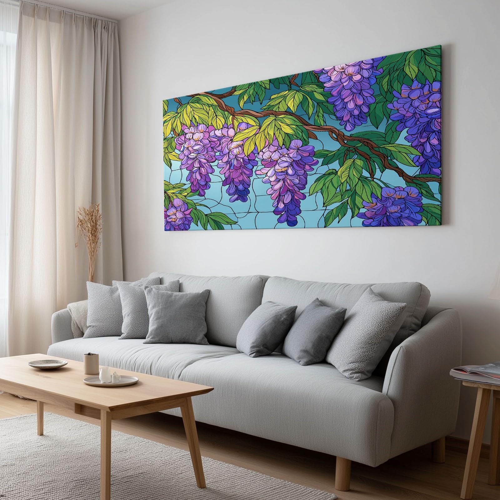 Generisch Ölgemälde Botanisch Glyzinie Grüne Blätter Modernes Leinwandbild 140L x 70B cm mit Rahmen, Cartoon XXL Wanddeko für Wohnzimmer Geschenk Idee Einzug - Hochwertiger Kunstdruck auf Holzrahmen